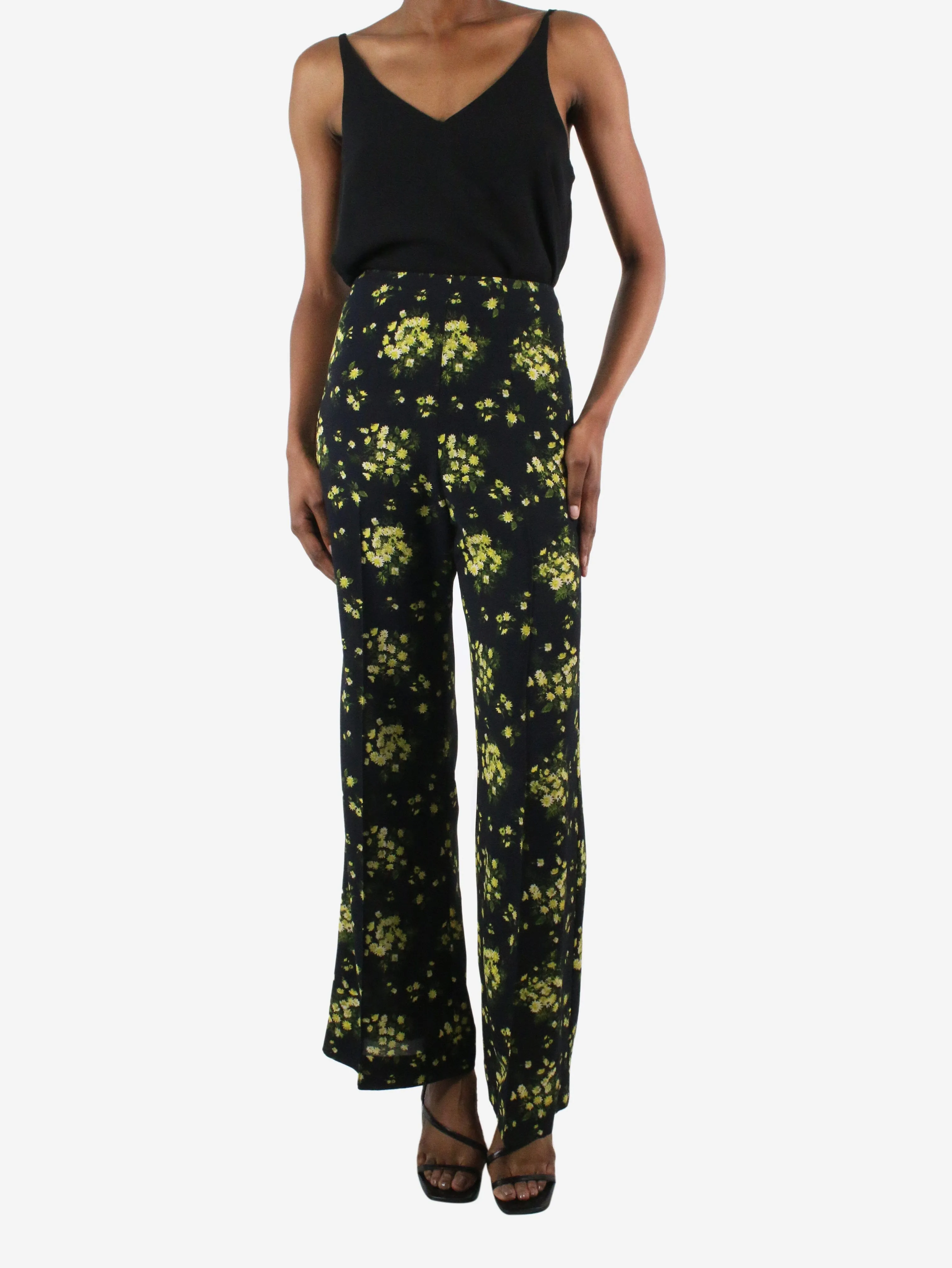 Black floral print wide-leg trousers - size UK 8