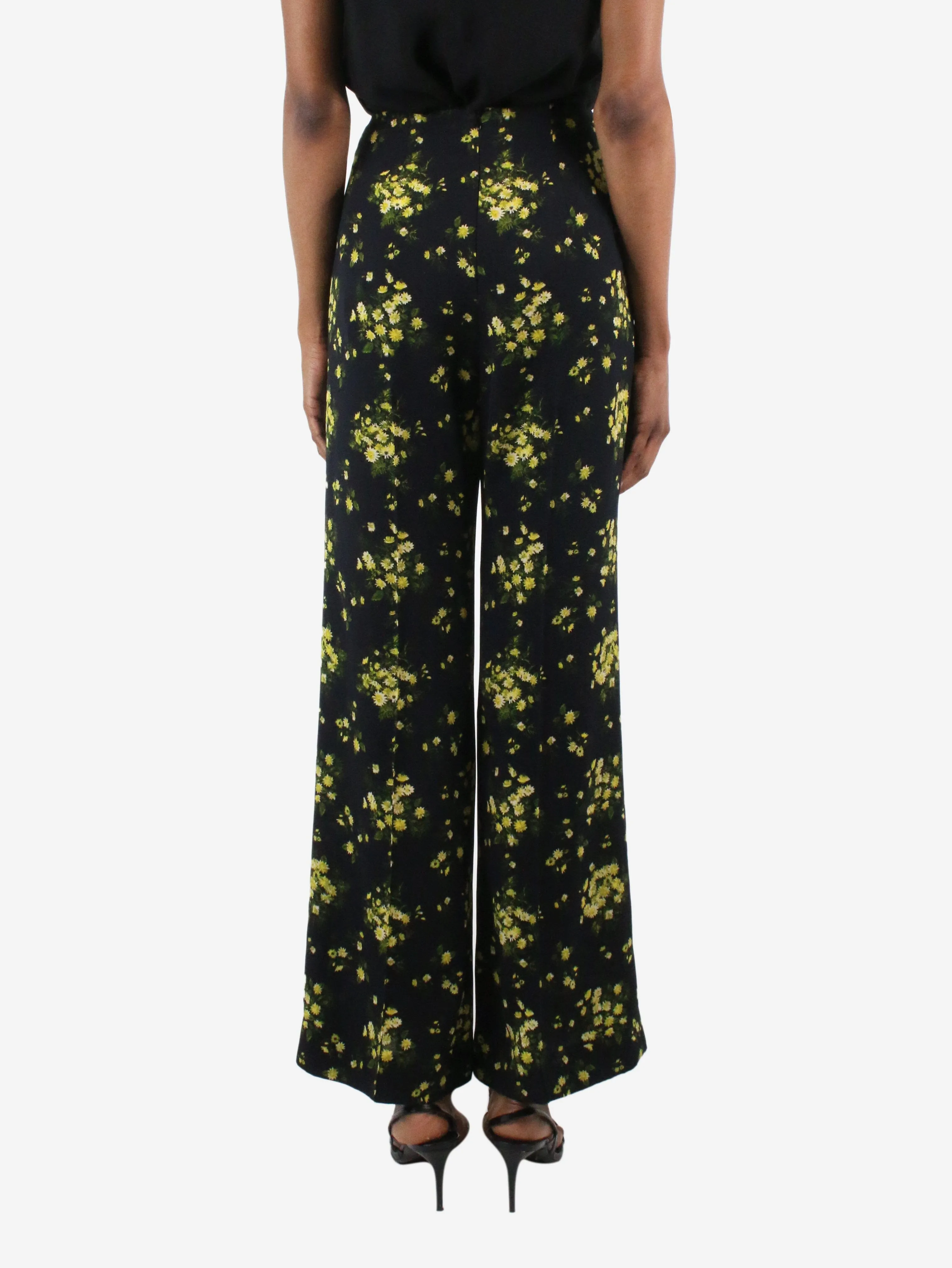 Black floral print wide-leg trousers - size UK 8