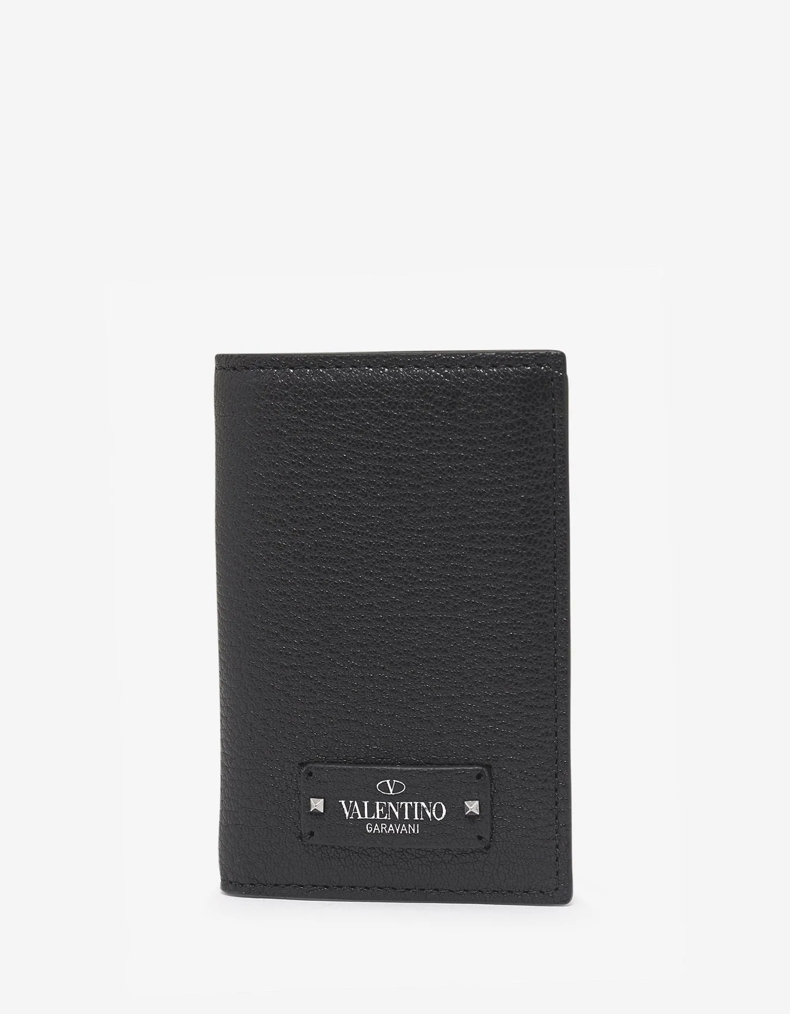 Black Grain Leather Card Wallet with Tonal Logo -