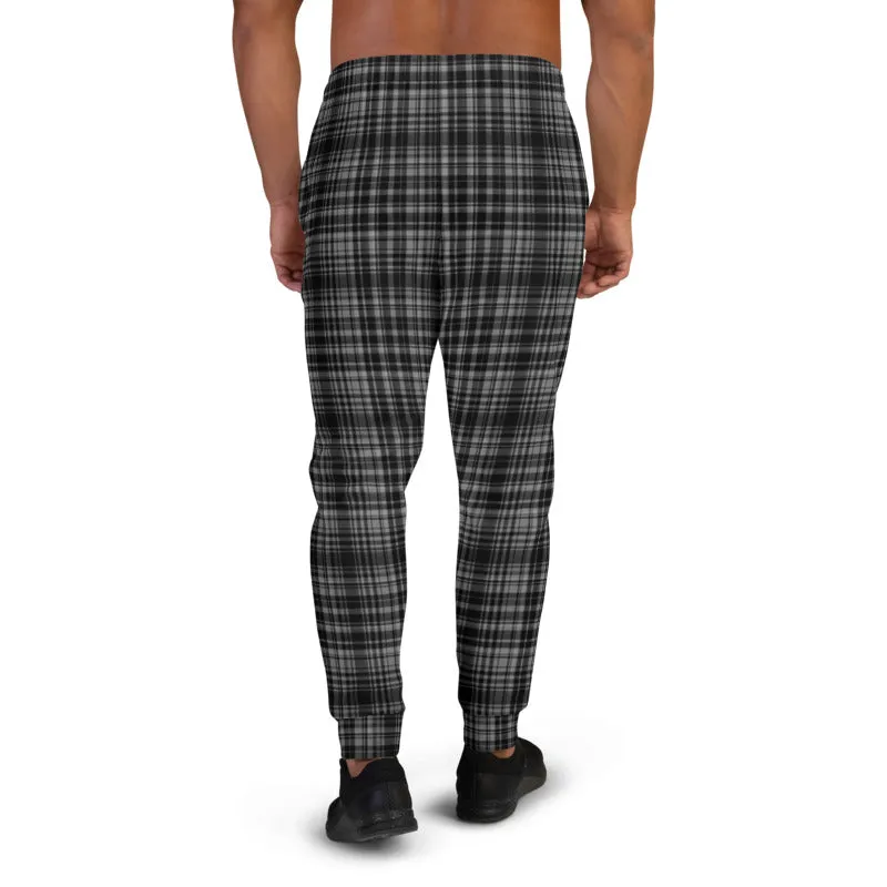 Black Grey Plaid Men's Joggers, Tartan Print Classic Premium Soft Sweatpants-Made in EU