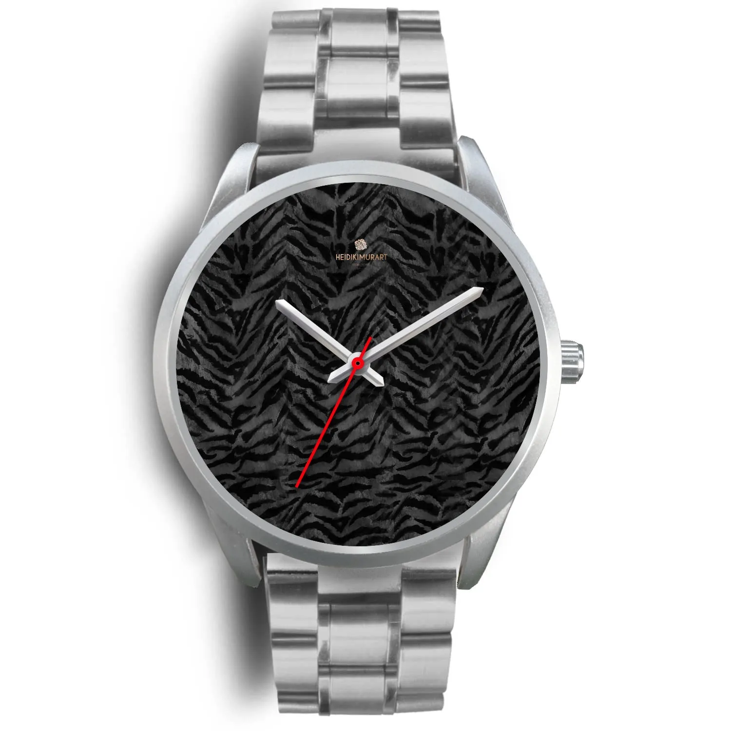 Black Tiger Striped Watch, Animal Print Personalized Custom Silver Accent Unisex Watch