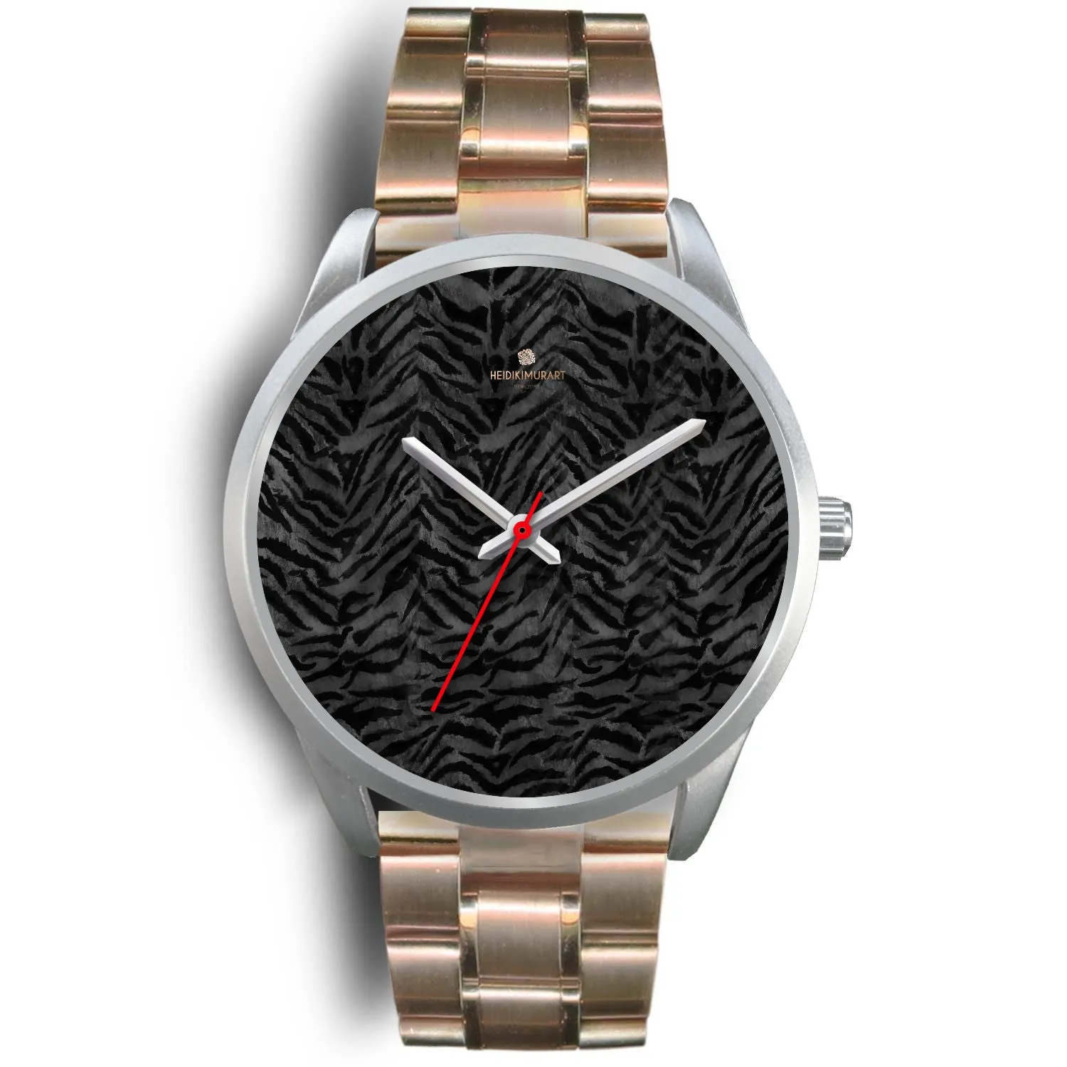 Black Tiger Striped Watch, Animal Print Personalized Custom Silver Accent Unisex Watch