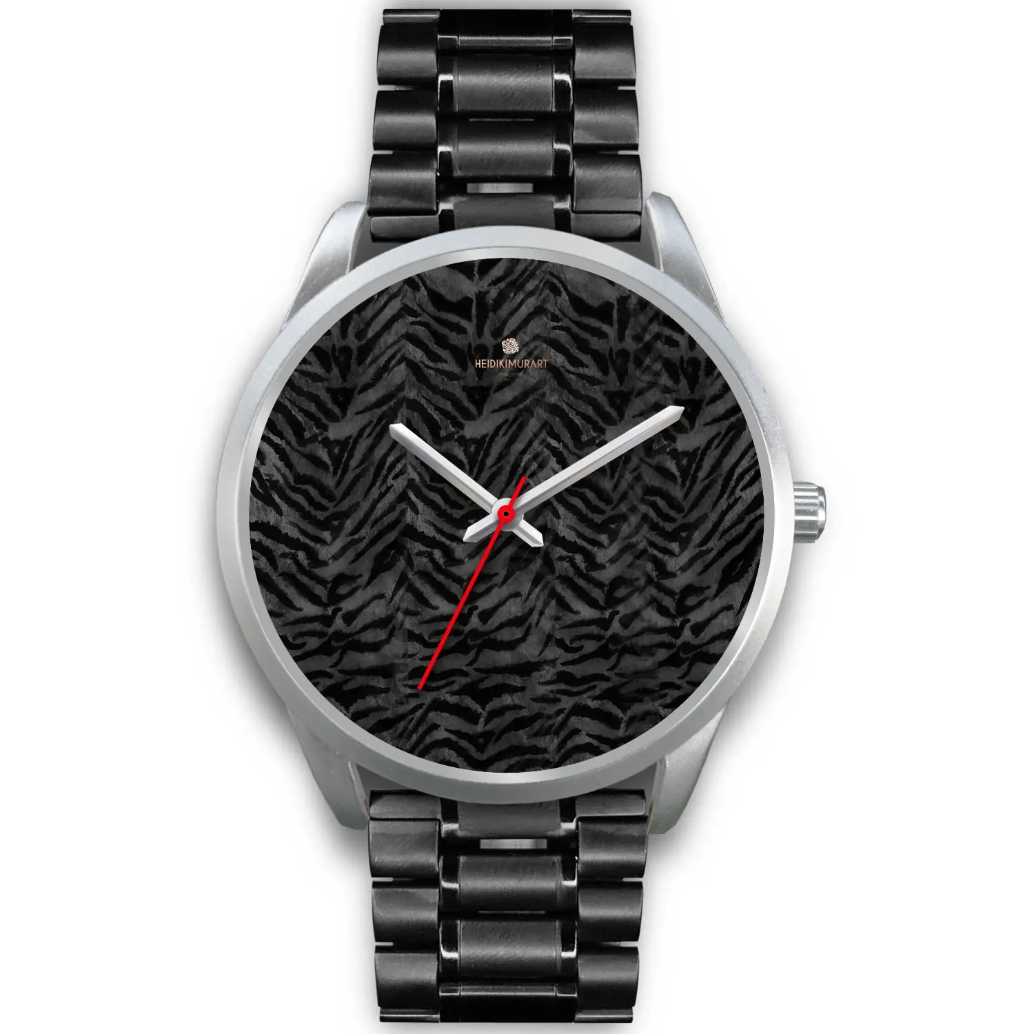 Black Tiger Striped Watch, Animal Print Personalized Custom Silver Accent Unisex Watch