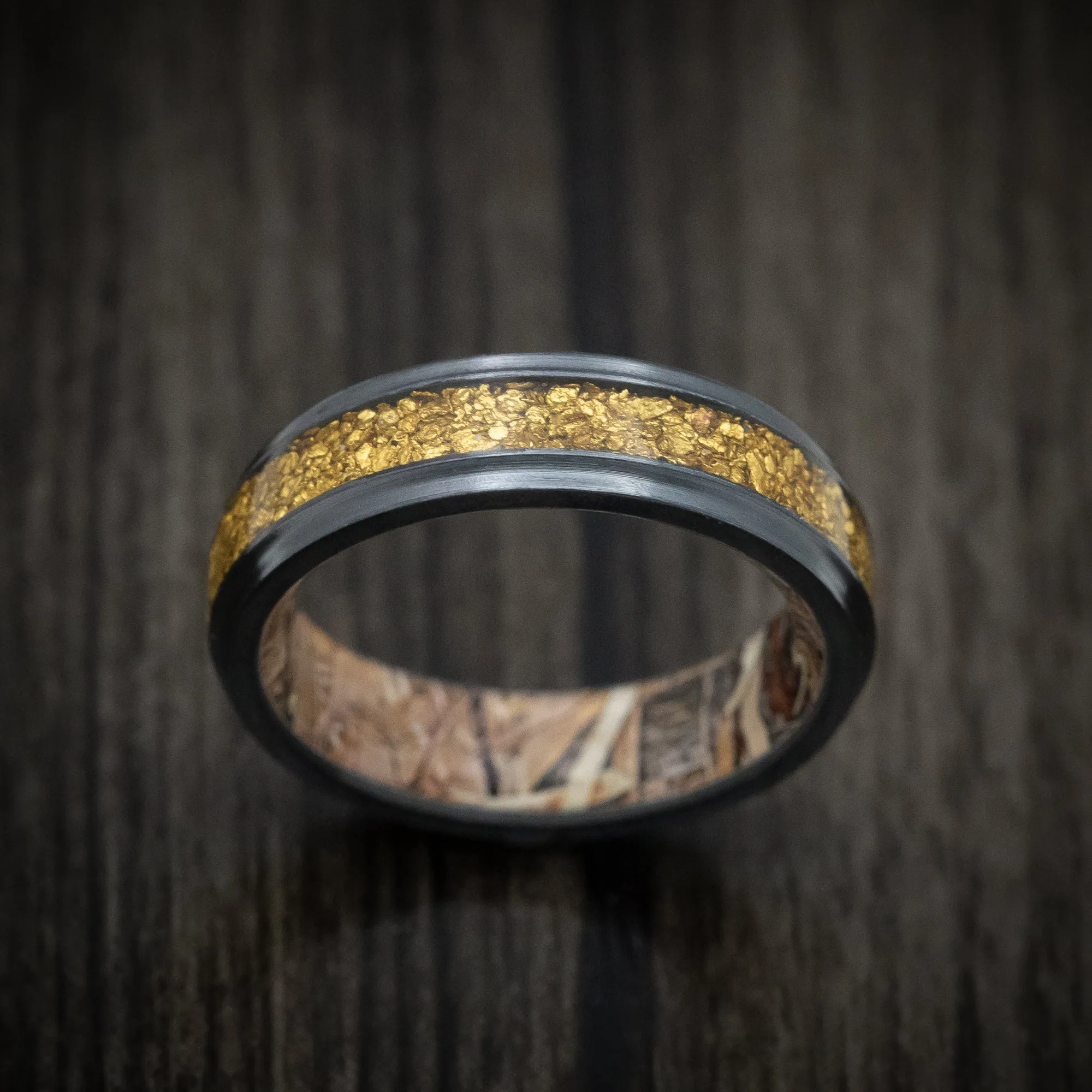 Black Titanium and 24K Raw Gold Nugget Men's Ring with Camo Sleeve Custom Made Band