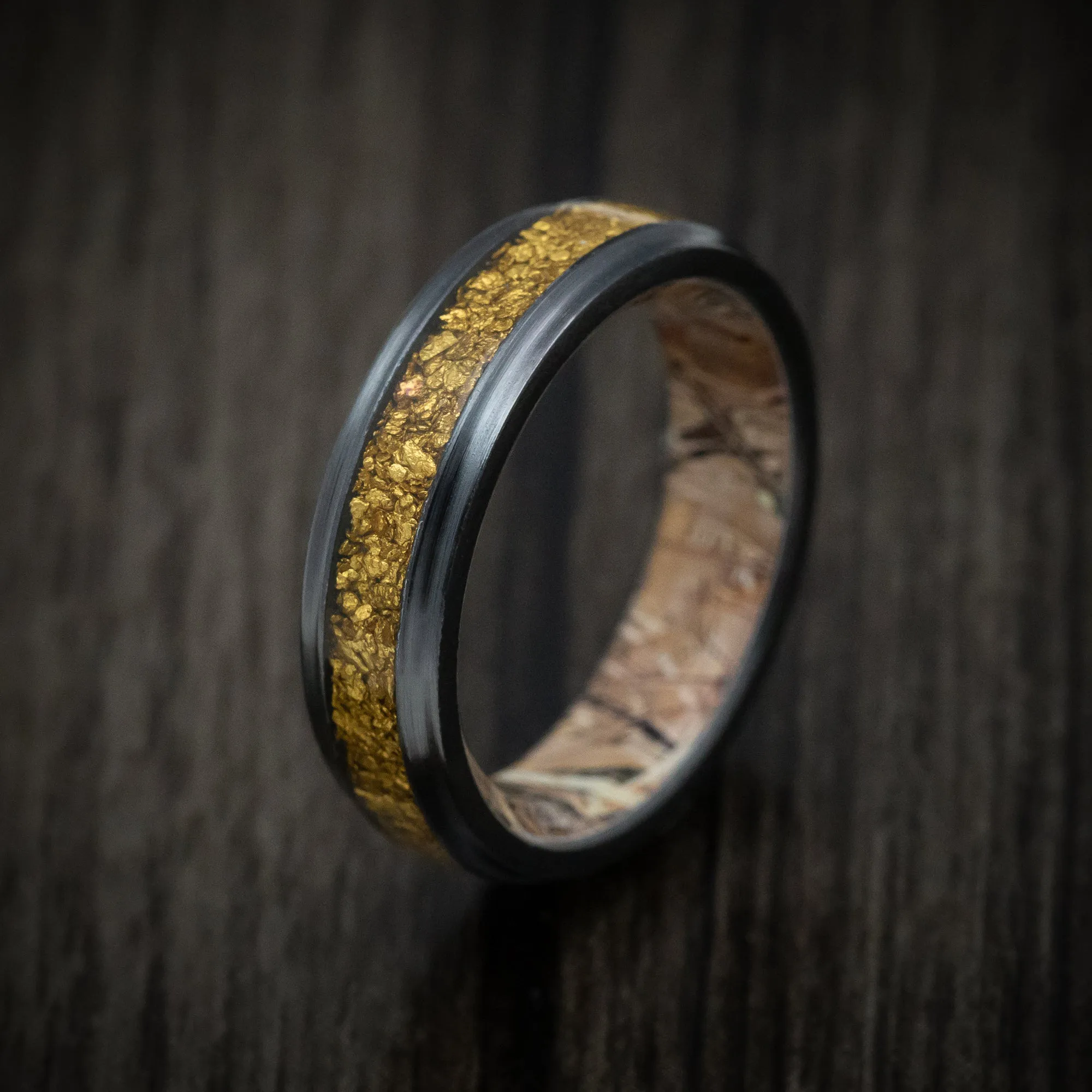 Black Titanium and 24K Raw Gold Nugget Men's Ring with Camo Sleeve Custom Made Band