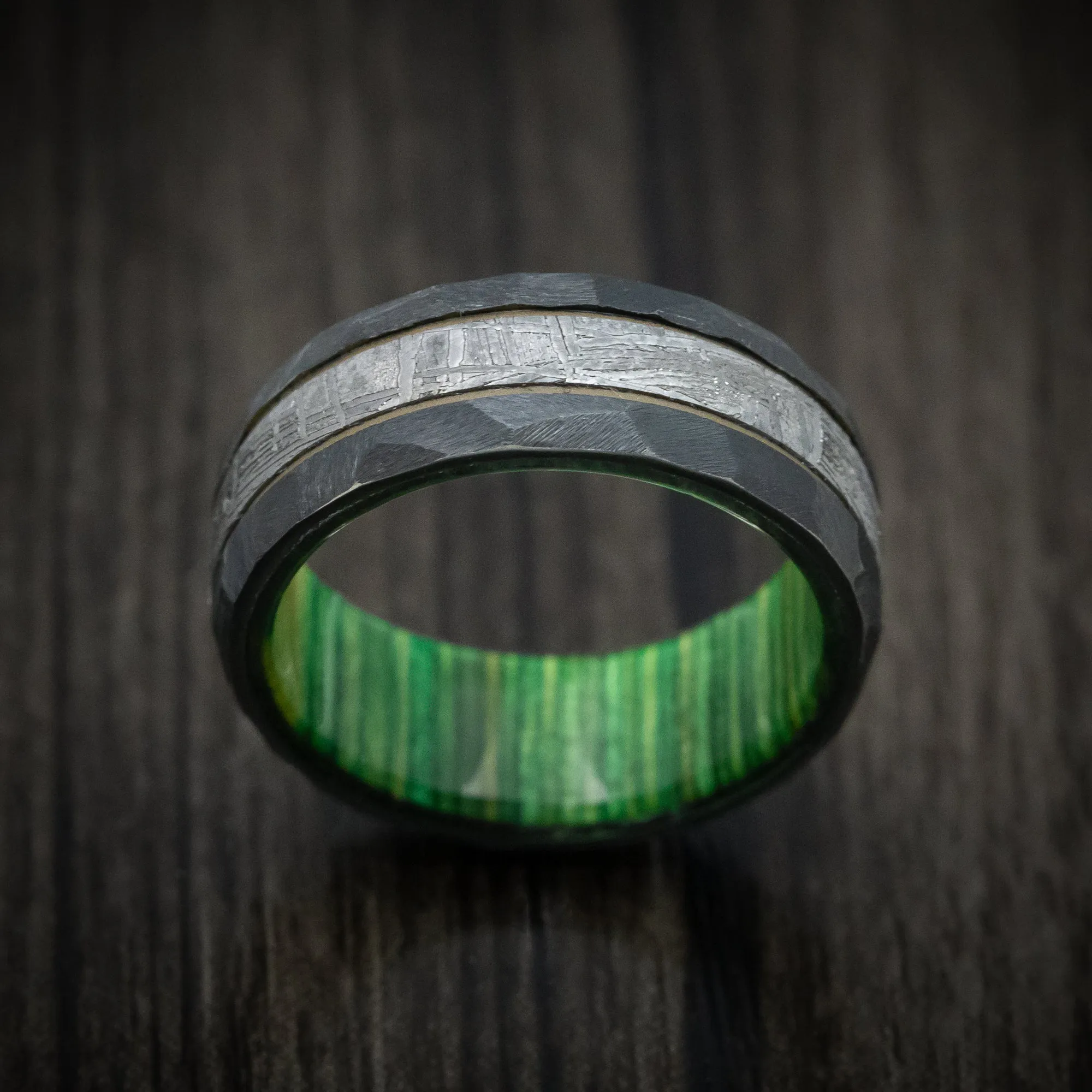 Black Zirconium and Meteorite Men's Ring with Cerakote Accent and Wood Sleeve