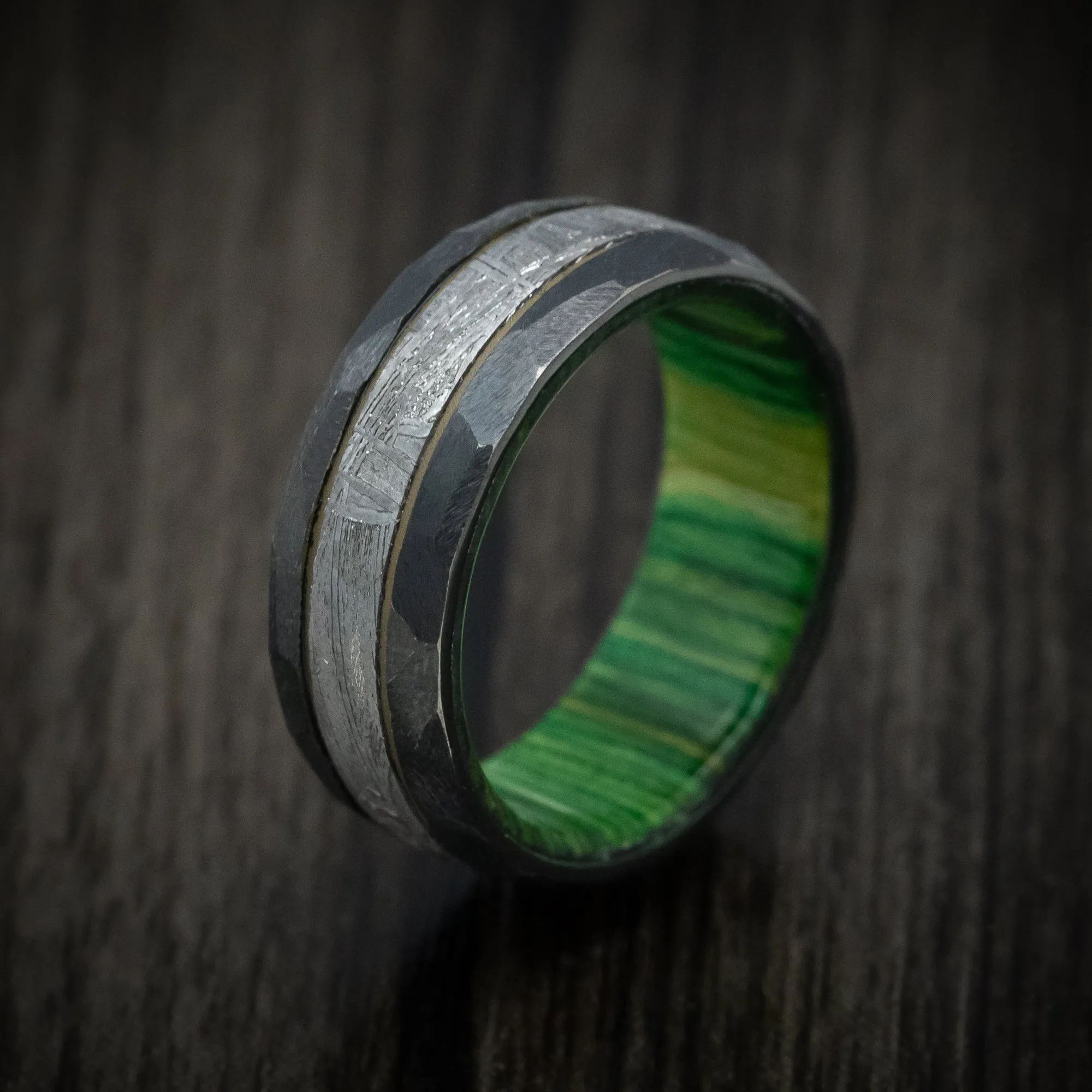 Black Zirconium and Meteorite Men's Ring with Cerakote Accent and Wood Sleeve