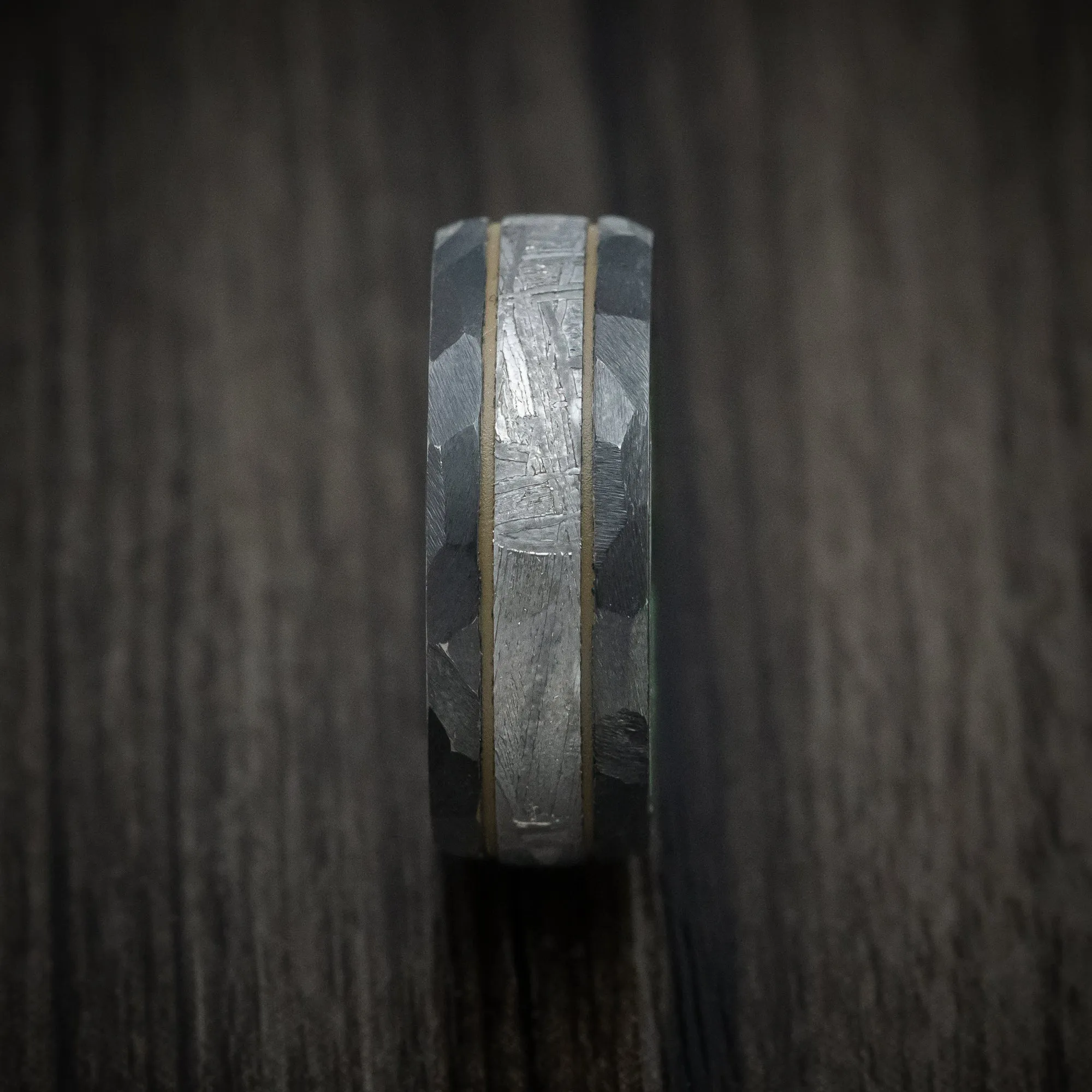 Black Zirconium and Meteorite Men's Ring with Cerakote Accent and Wood Sleeve