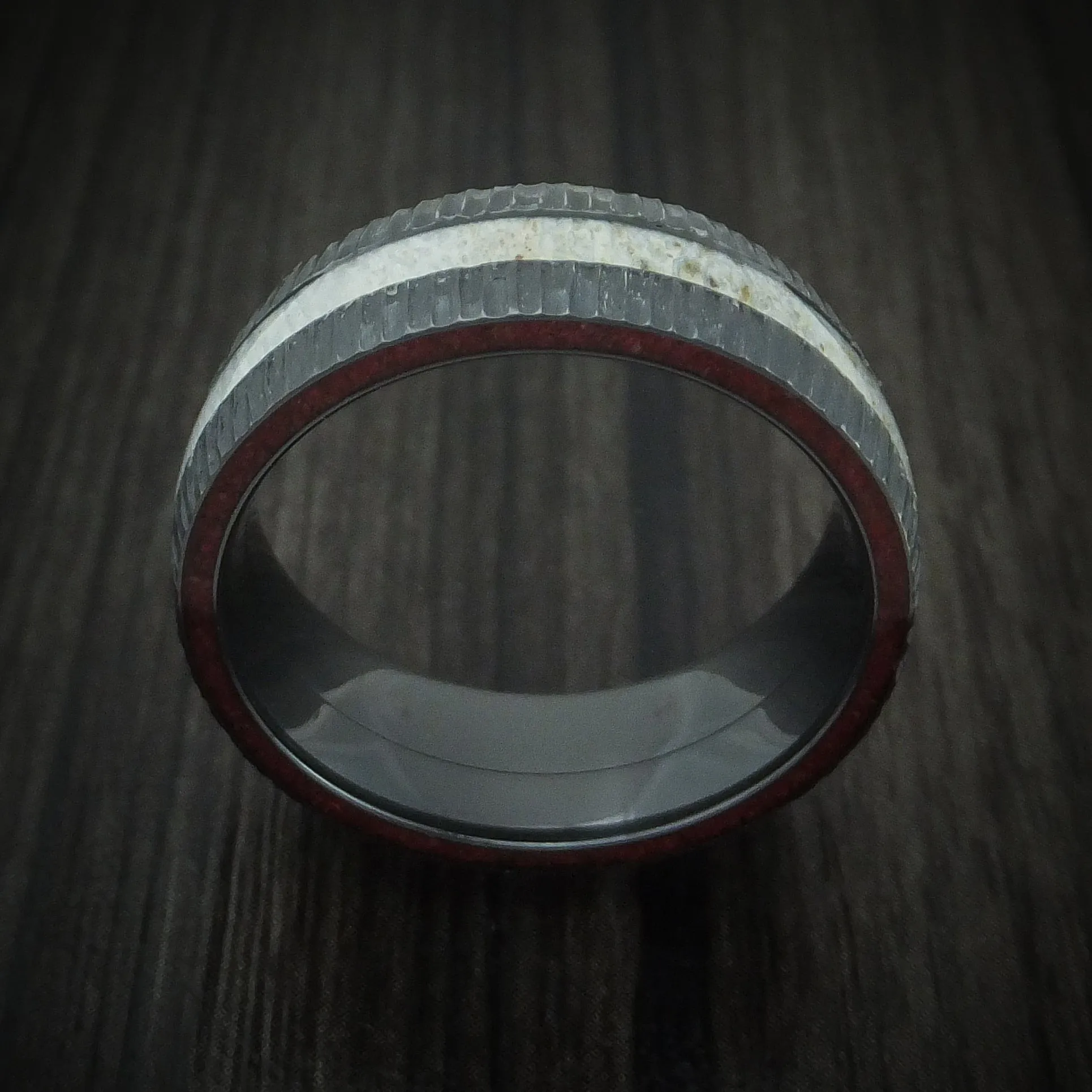 Black Zirconium Antler and Stone Side Inlay Men's Ring Custom Made