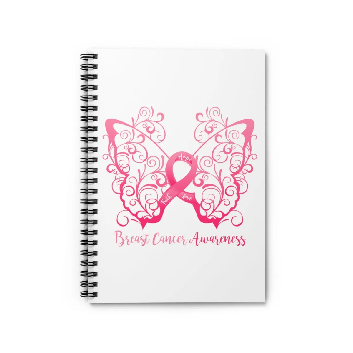 Breast Cancer Awareness Filigree Butterfly White Spiral Journal - Ruled Line