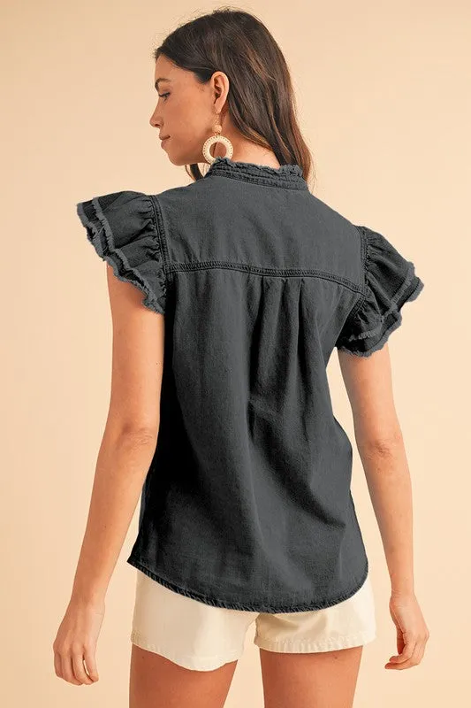 Button Front Ruffled Flutter Frayed Denim Top