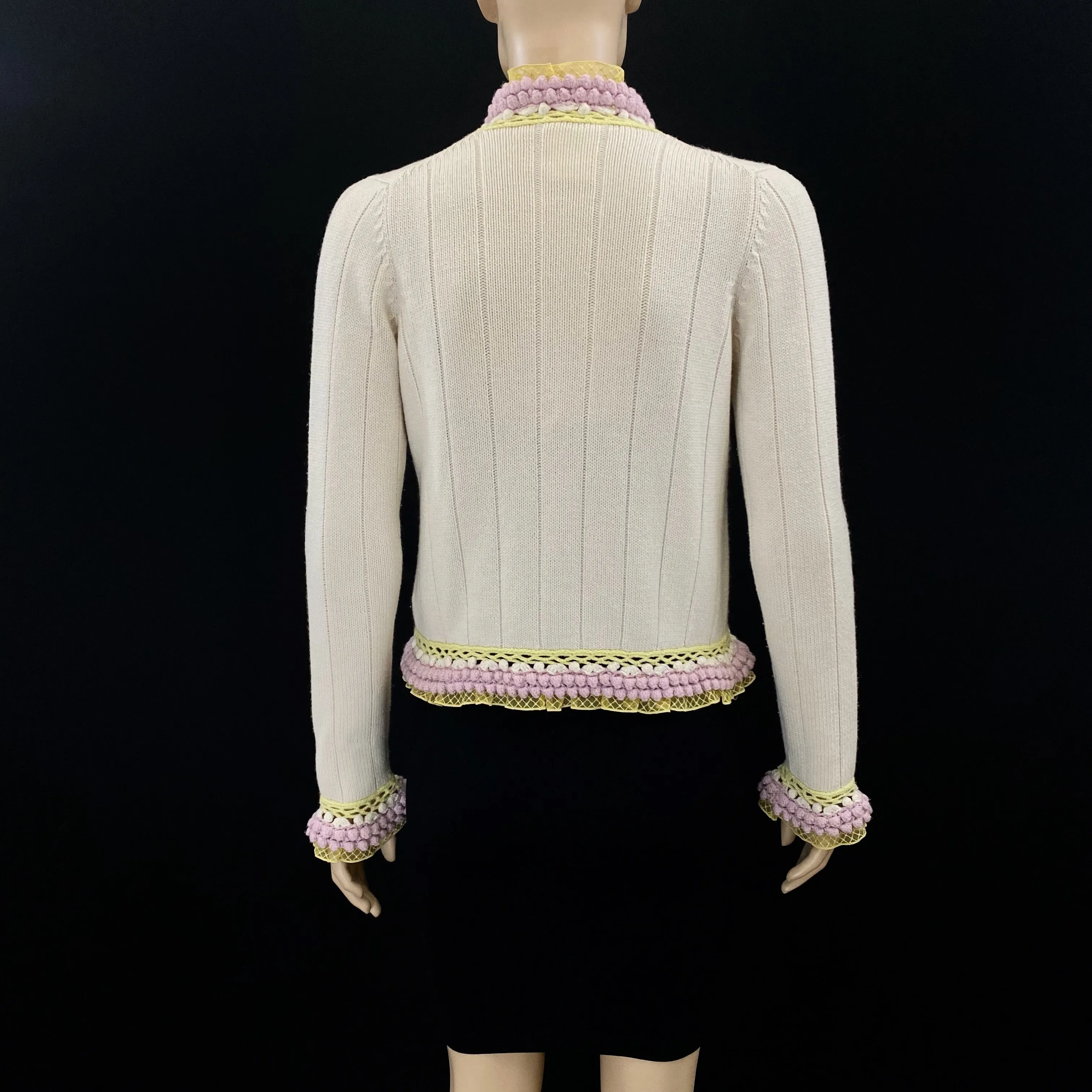 CHANEL 04C Off White Pink Yellow Crochet Trim Knit Jacket Size 40 | 6