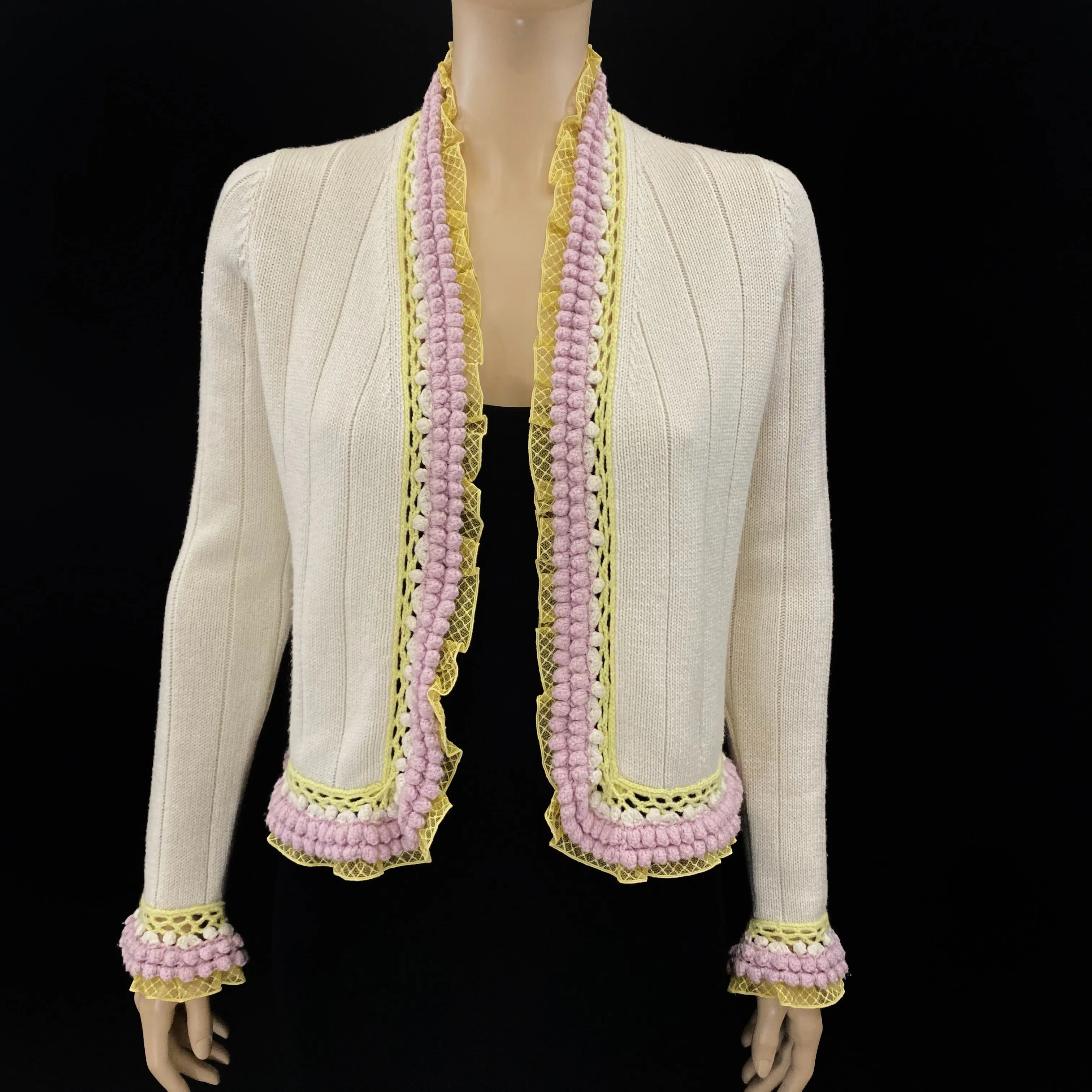 CHANEL 04C Off White Pink Yellow Crochet Trim Knit Jacket Size 40 | 6