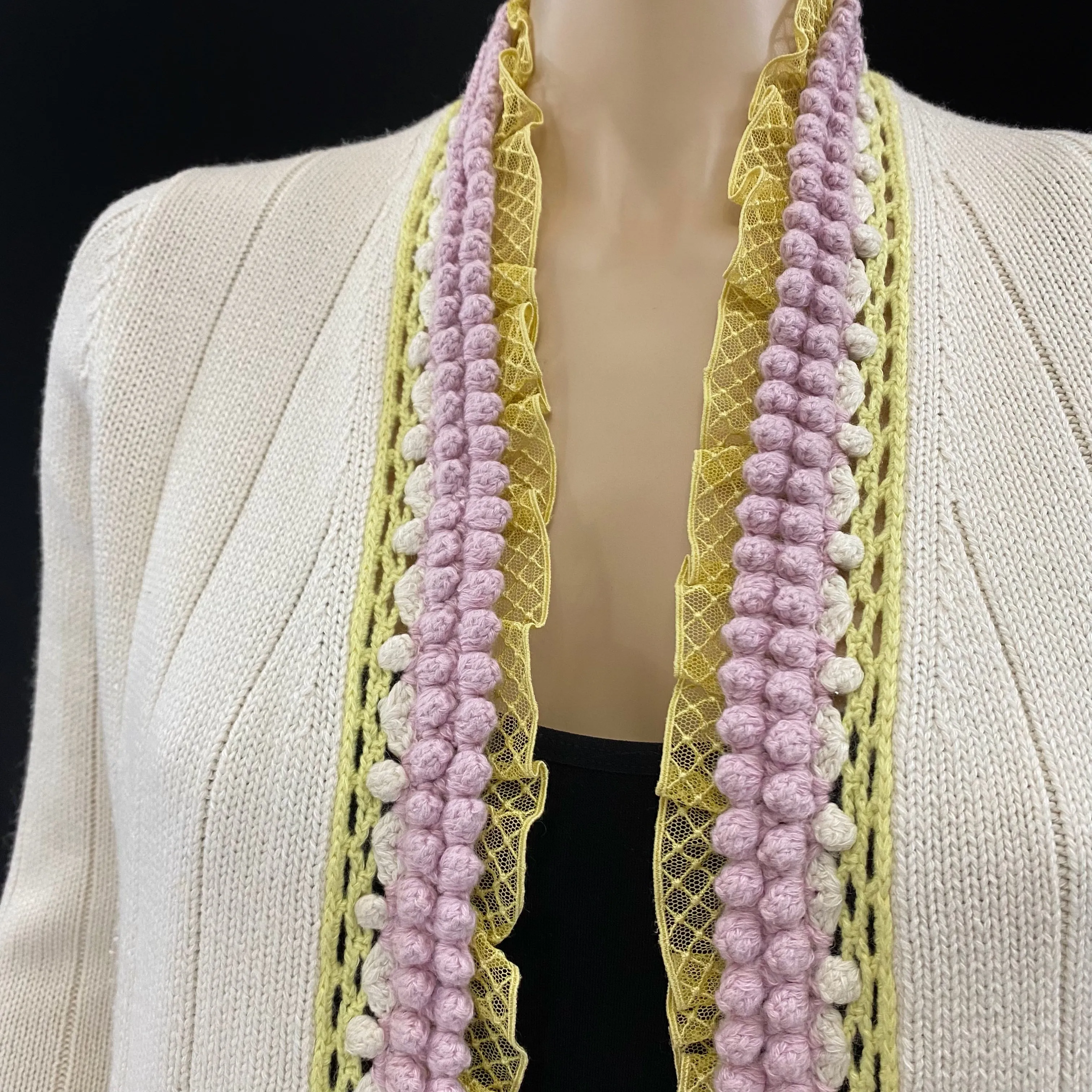 CHANEL 04C Off White Pink Yellow Crochet Trim Knit Jacket Size 40 | 6