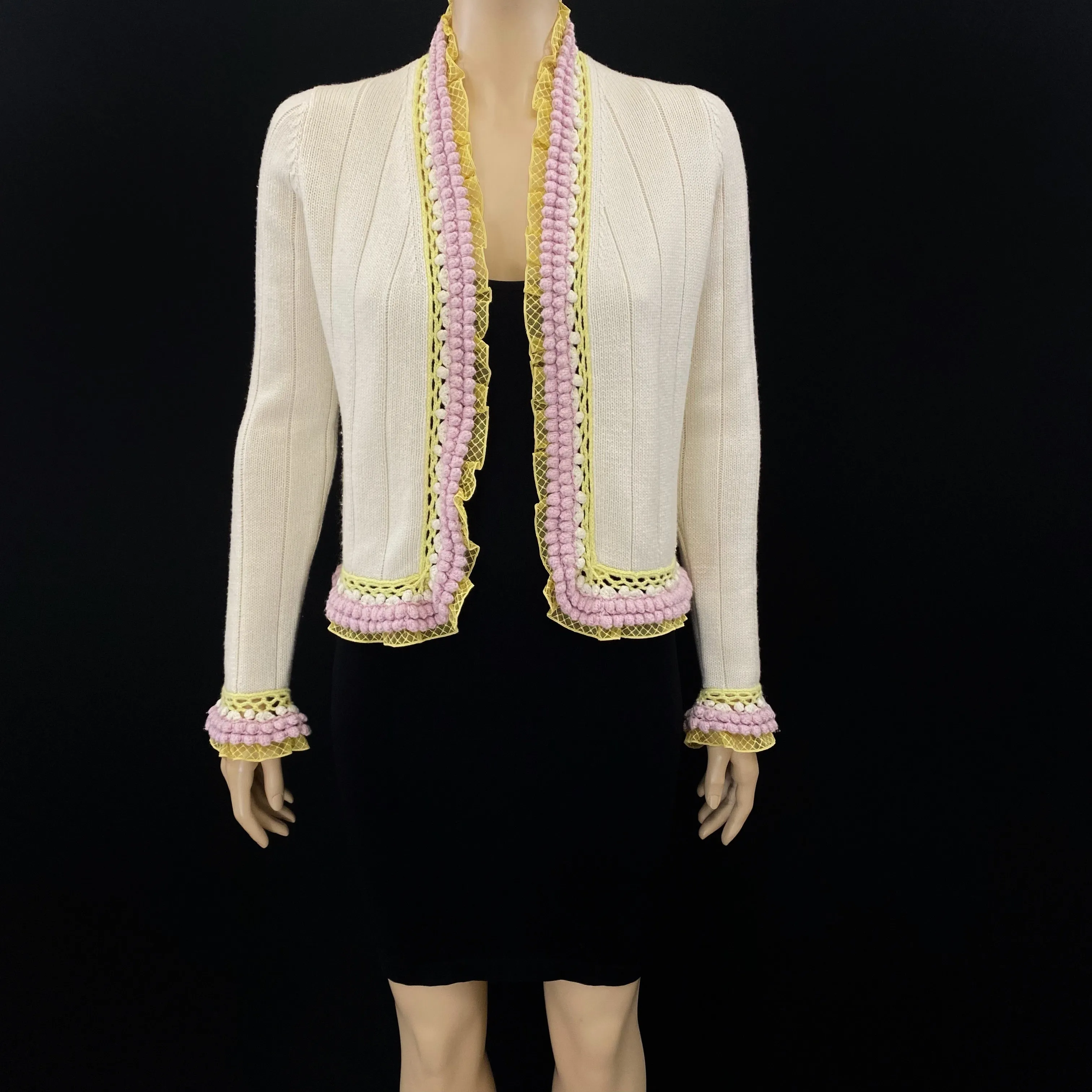 CHANEL 04C Off White Pink Yellow Crochet Trim Knit Jacket Size 40 | 6