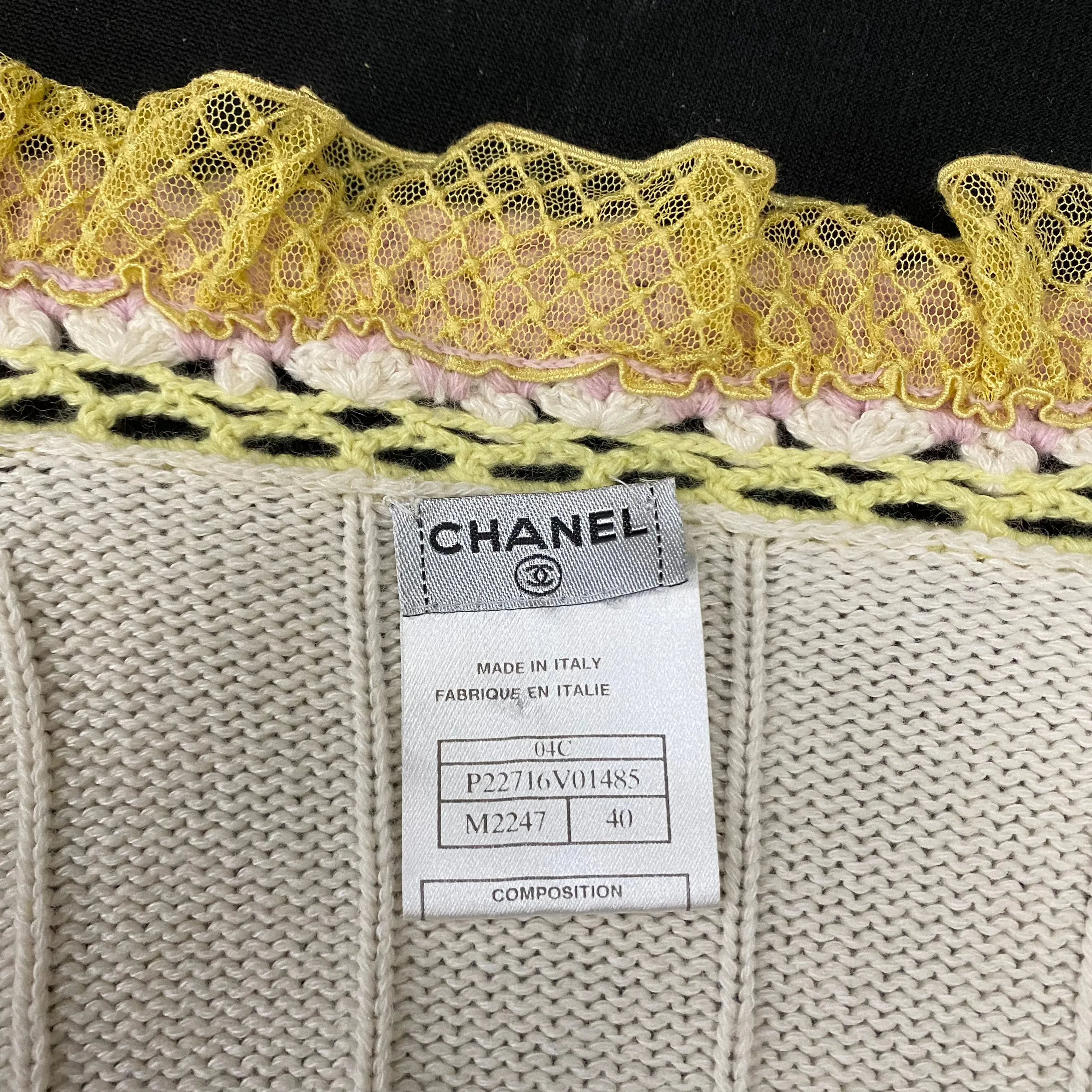 CHANEL 04C Off White Pink Yellow Crochet Trim Knit Jacket Size 40 | 6