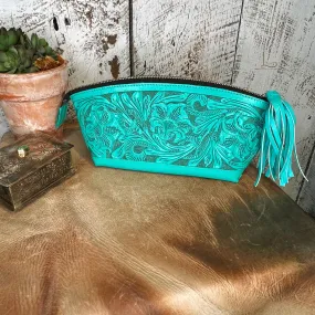 Cosmetica Chica Tooled Leather in Turquoise -Cosmetic Tote