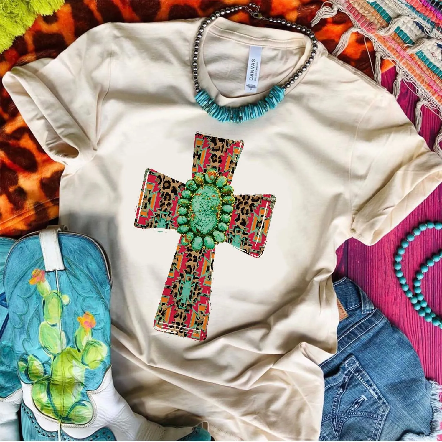 Cream Aztec Cross & Turquoise Stone Tee