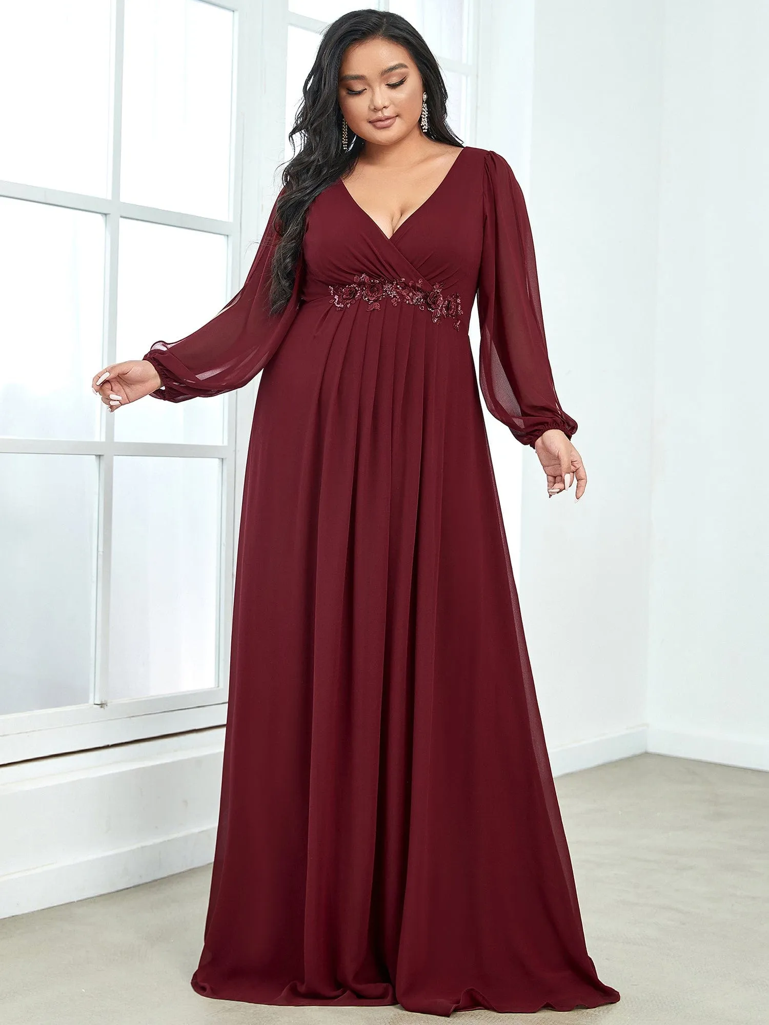 Custom Size Chiffon V-Neckline Long Sleeve Formal Evening Dress