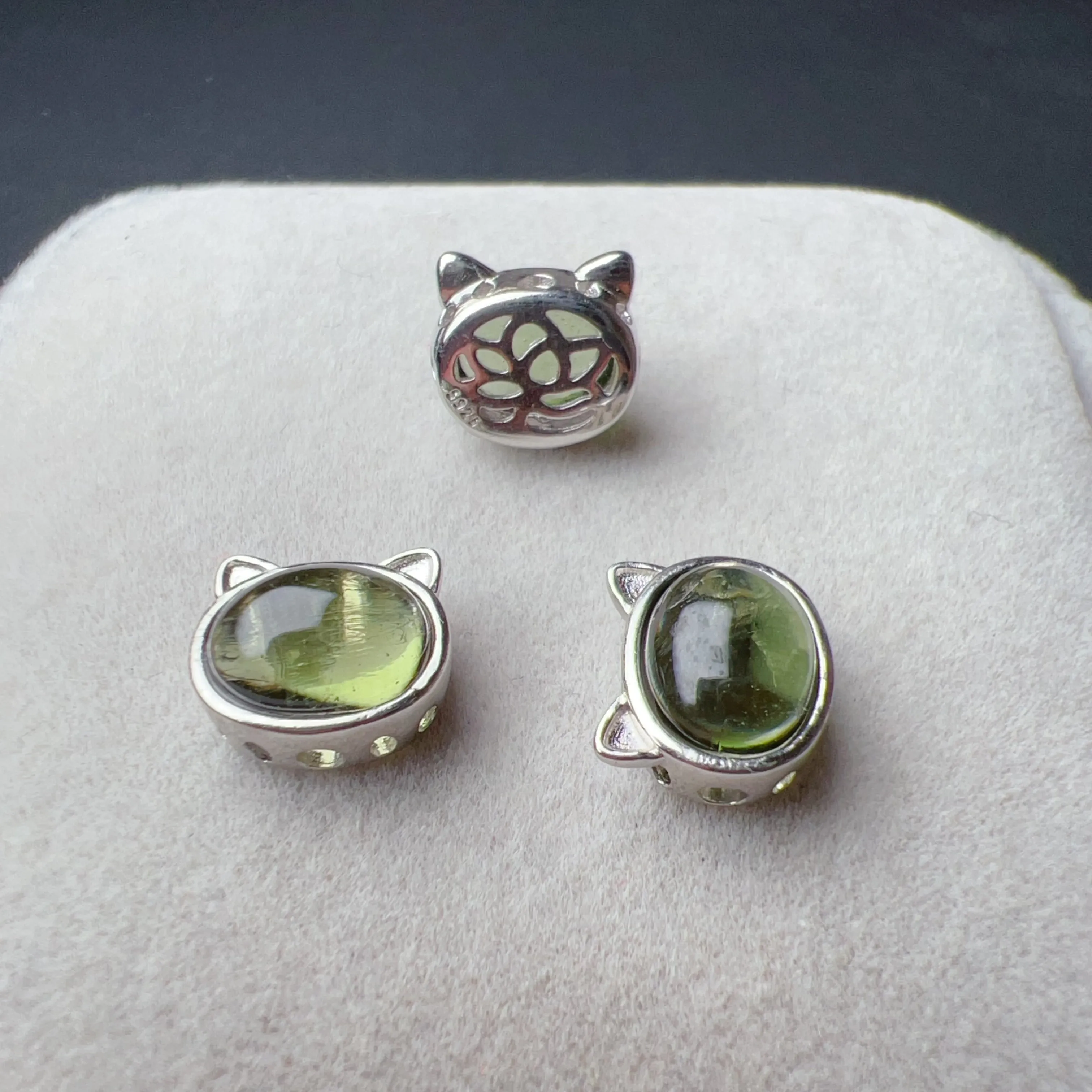 Cute Part - Handmade Moldavite Cat Shape Pandora's Box Charm with 925 Sterling Silver