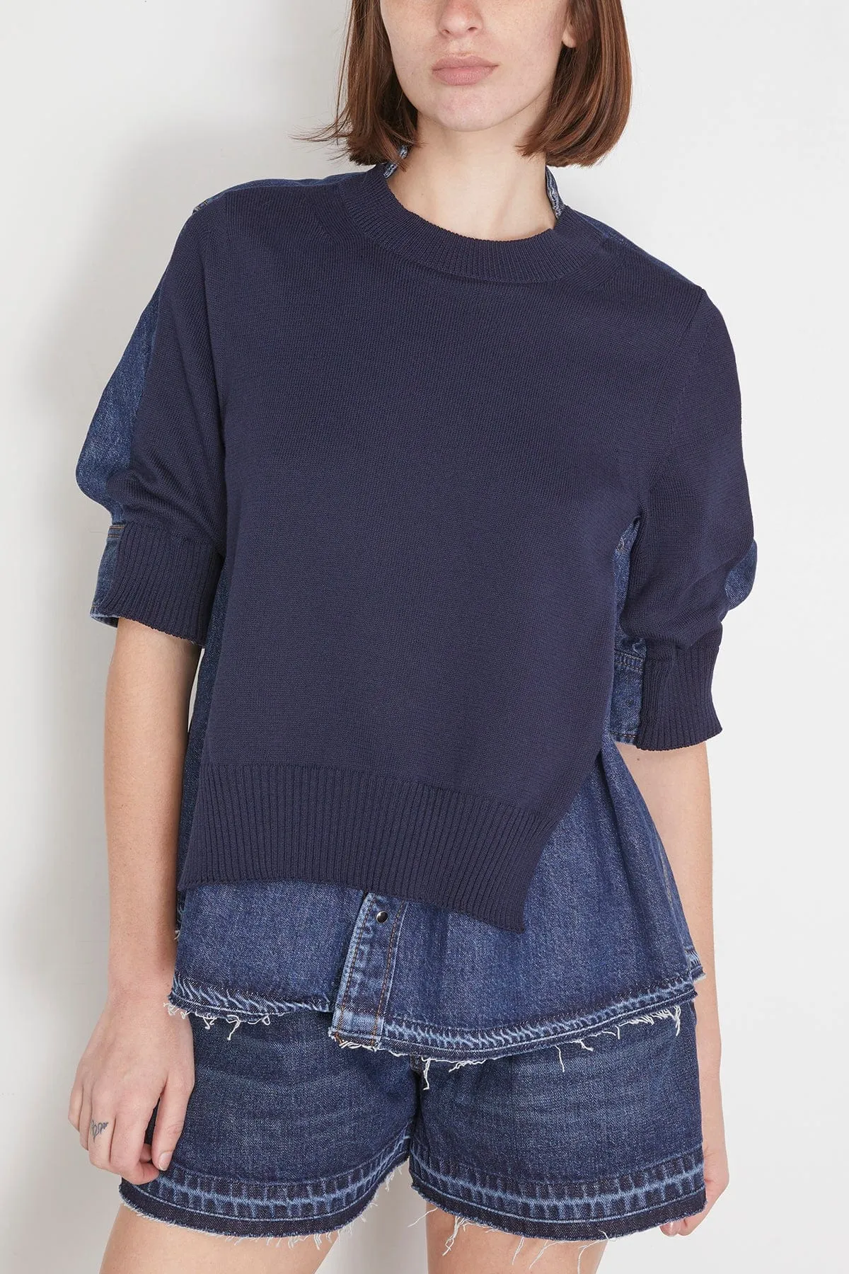 Denim x Knit Pullover in Navy x Blue