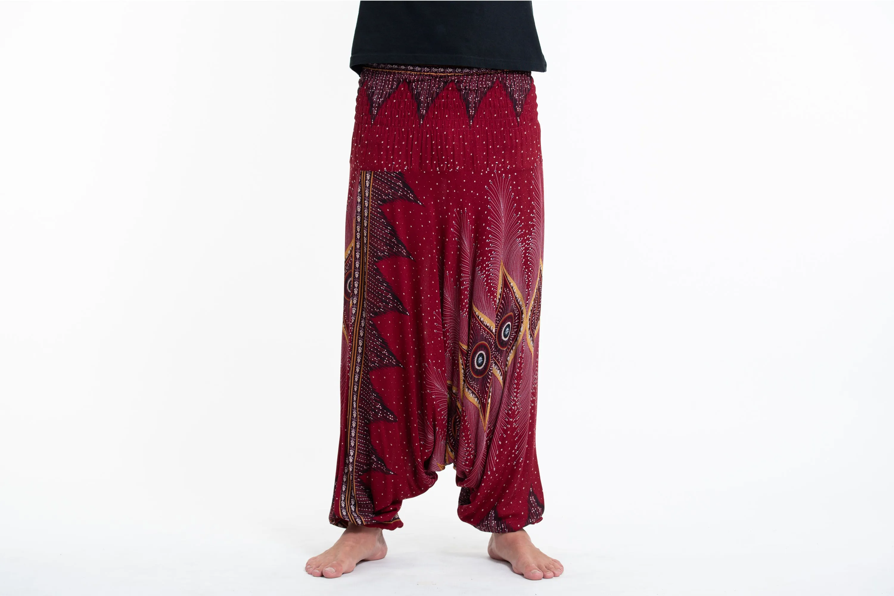 Diamond Peacock Drop Crotch Men's Harem Pants in Red