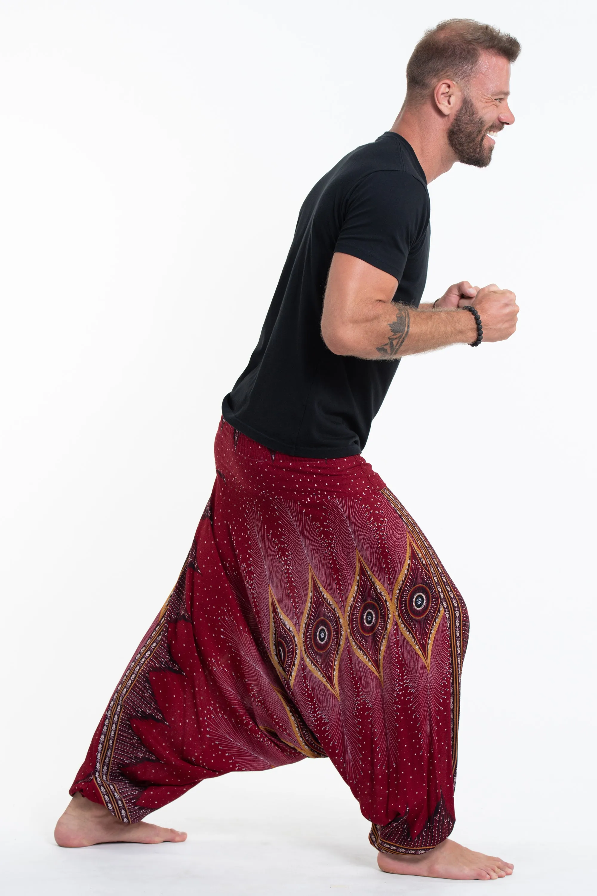 Diamond Peacock Drop Crotch Men's Harem Pants in Red