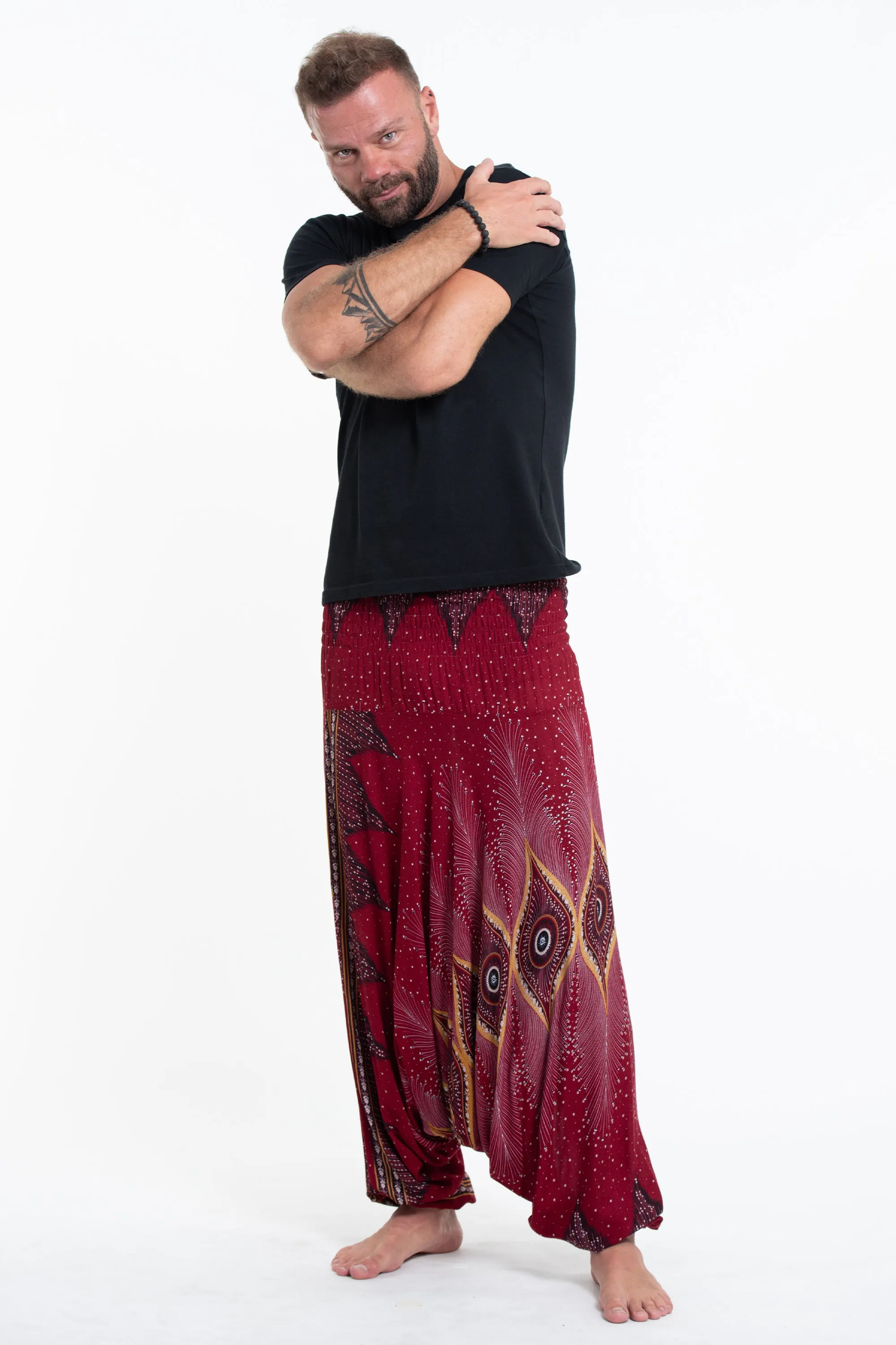 Diamond Peacock Drop Crotch Men's Harem Pants in Red