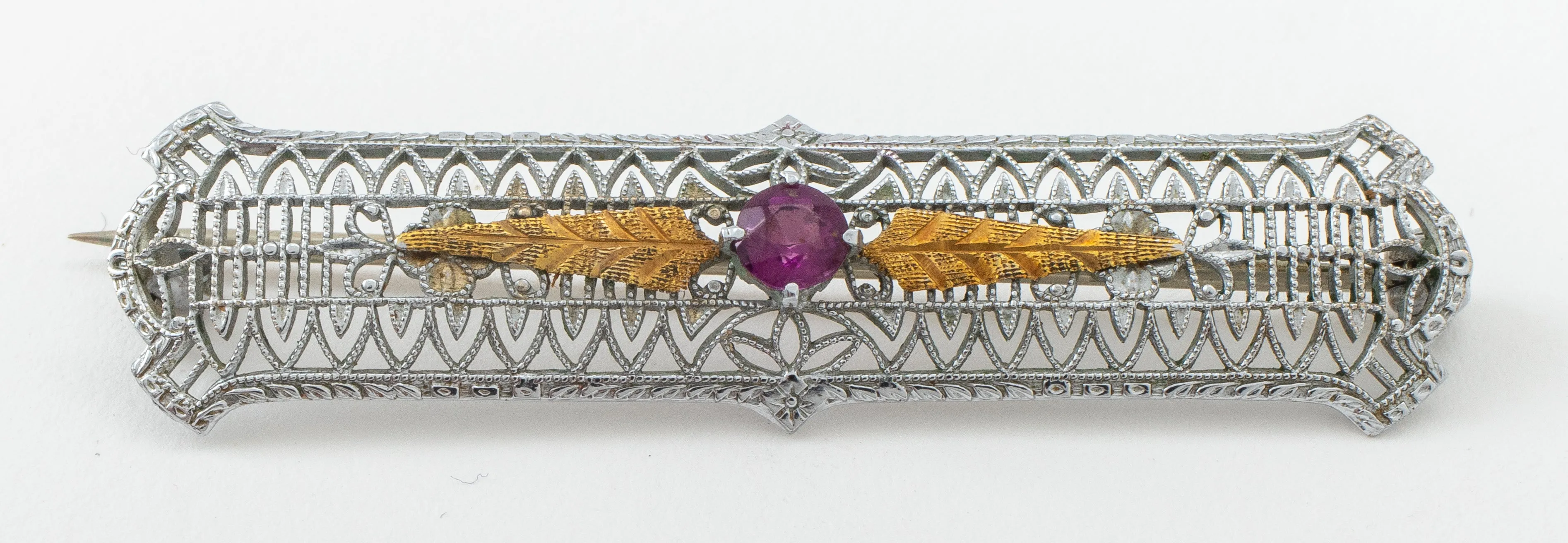 Edwardian 10K White Gold Filigree Amethyst Bar Pin