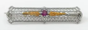 Edwardian 10K White Gold Filigree Amethyst Bar Pin