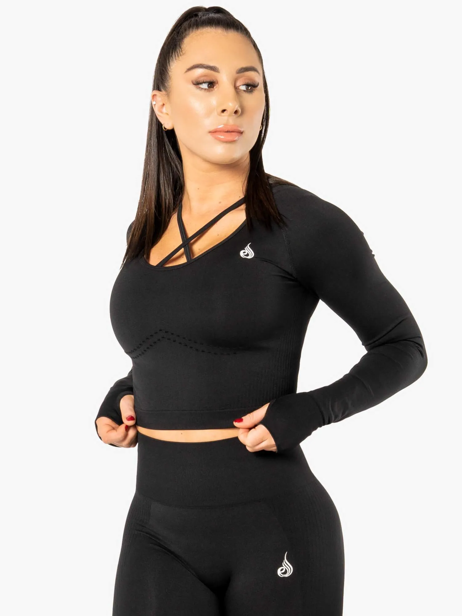 Electra Seamless Long Sleeve Crop Top - Black