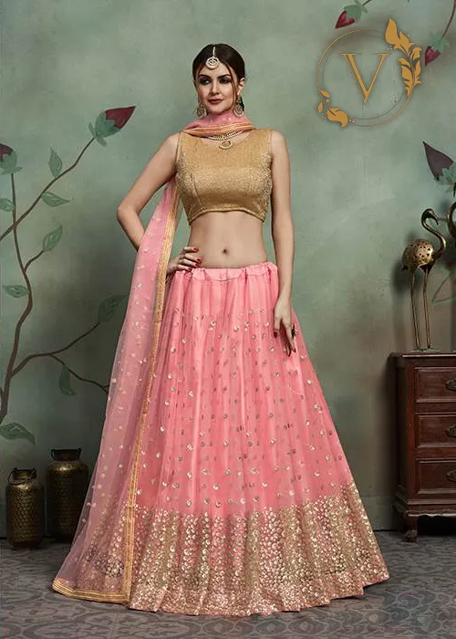 Embellished Net Lehenga in Pink