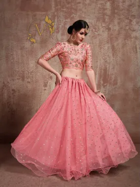 Embellished Net Lehenga in Pink