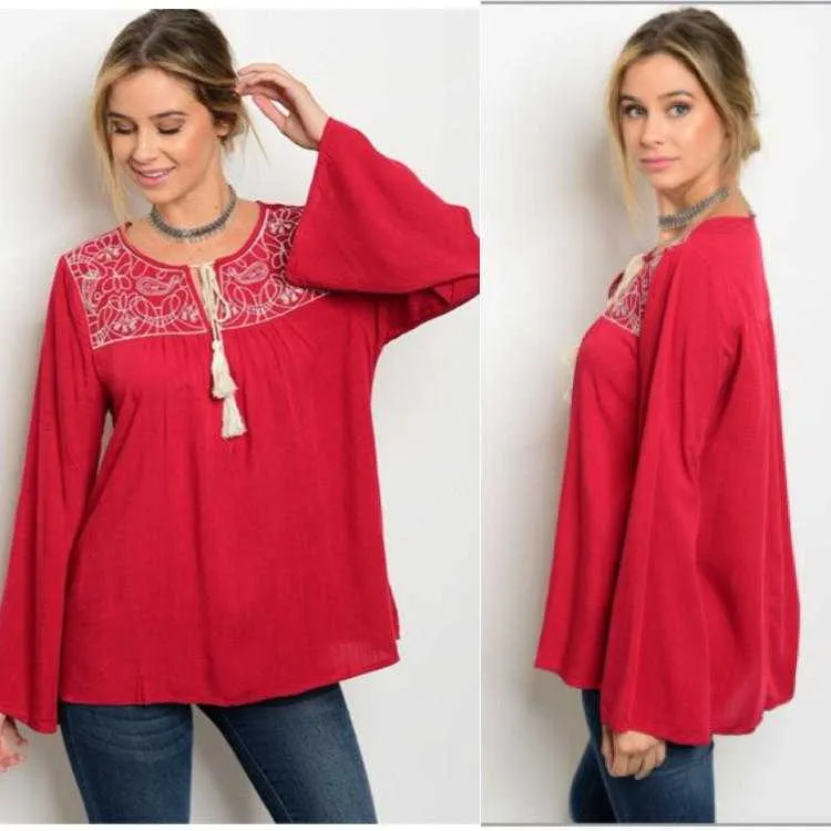 Entro Holiday Red Embroidered Top