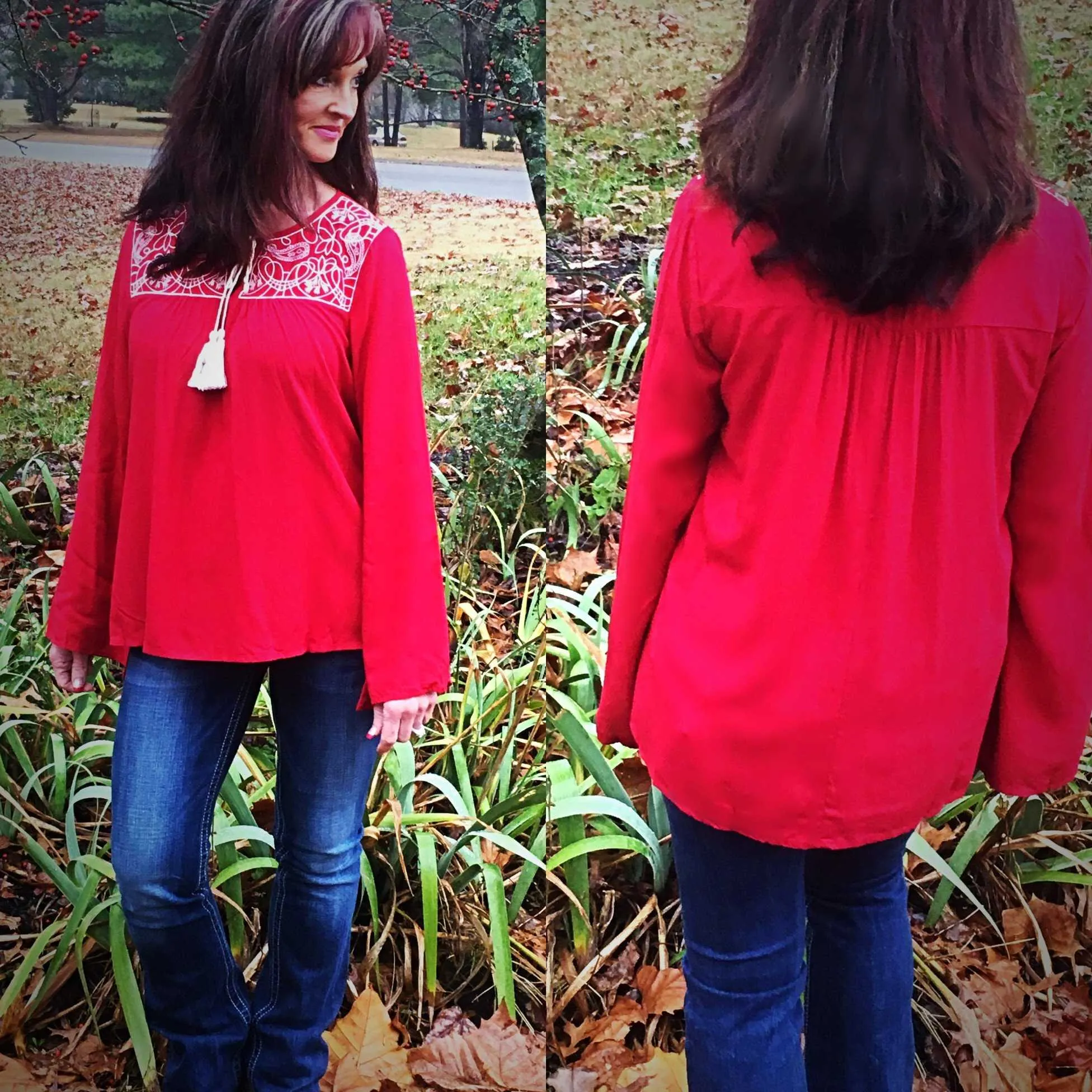 Entro Holiday Red Embroidered Top