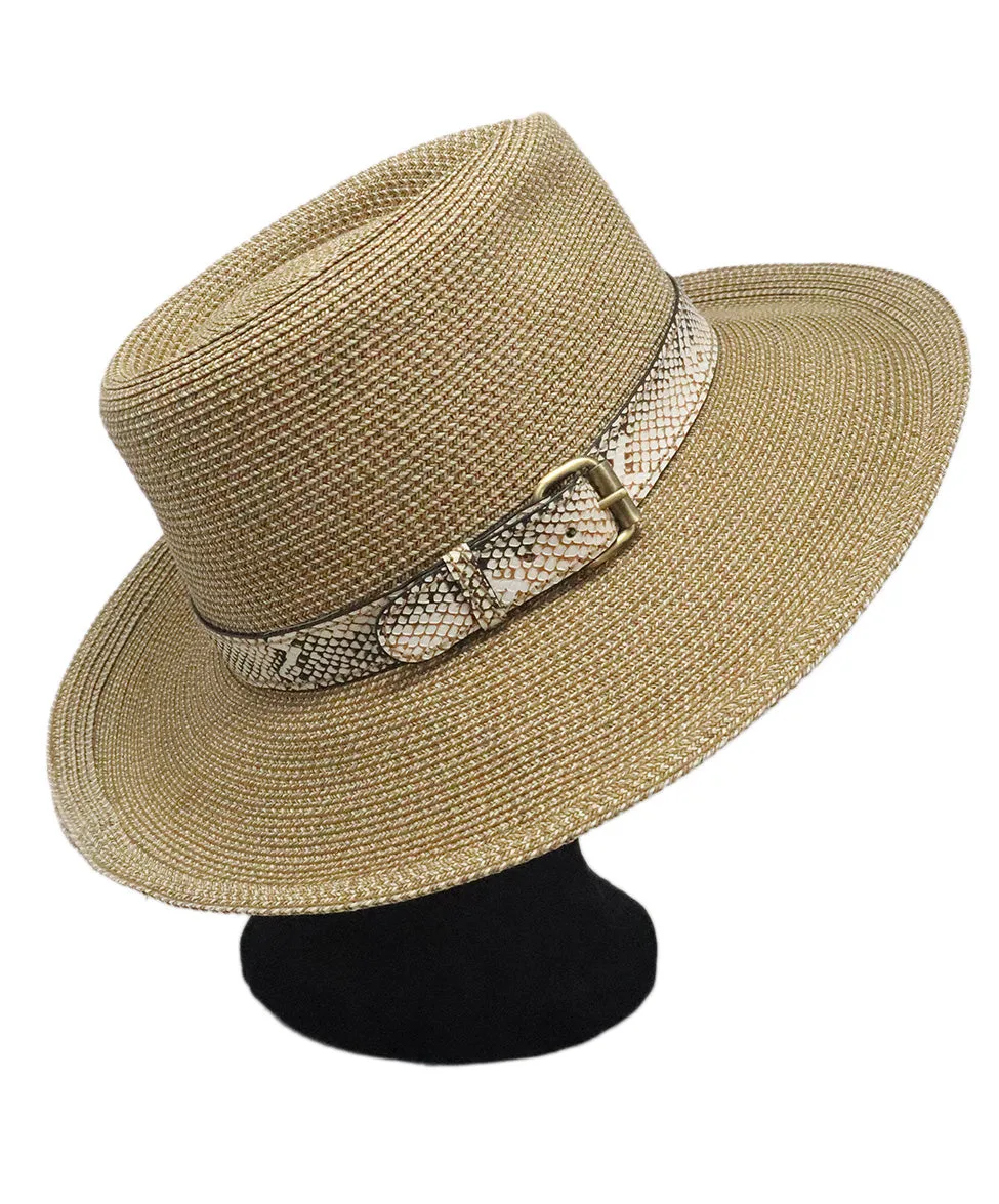 Eric Javits Tan Raffia Hat w/ Snakeskin Trim