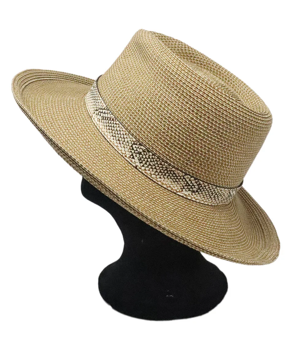 Eric Javits Tan Raffia Hat w/ Snakeskin Trim