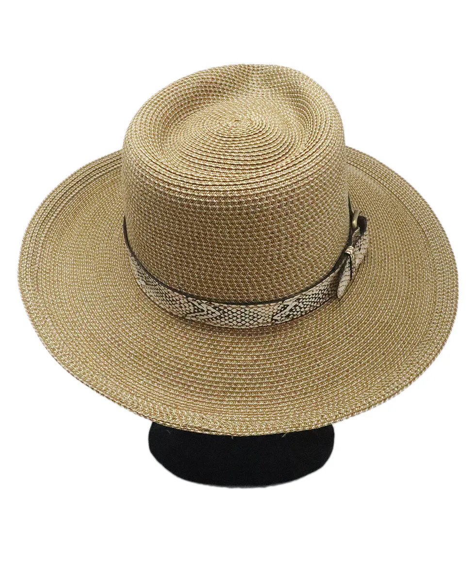 Eric Javits Tan Raffia Hat w/ Snakeskin Trim