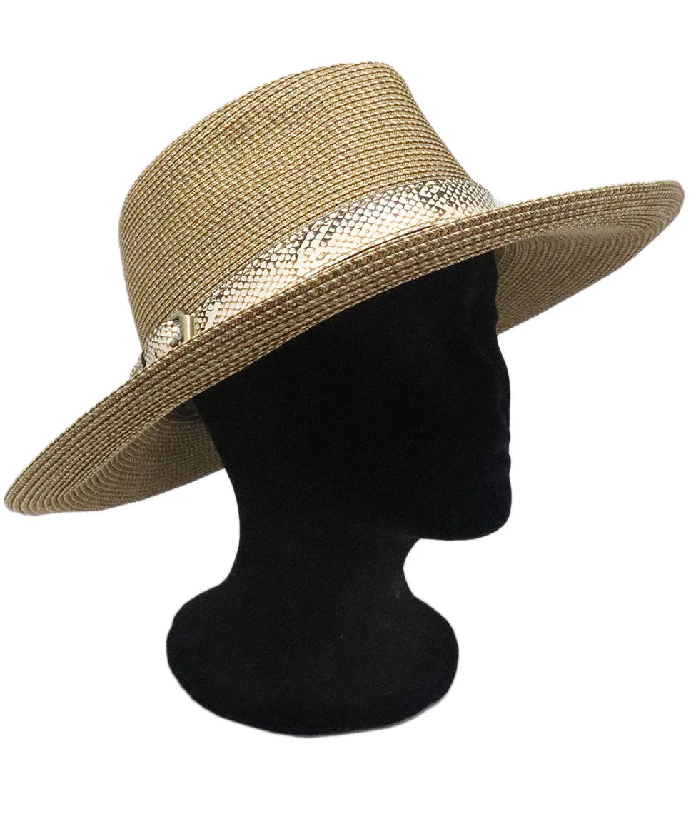 Eric Javits Tan Raffia Hat w/ Snakeskin Trim