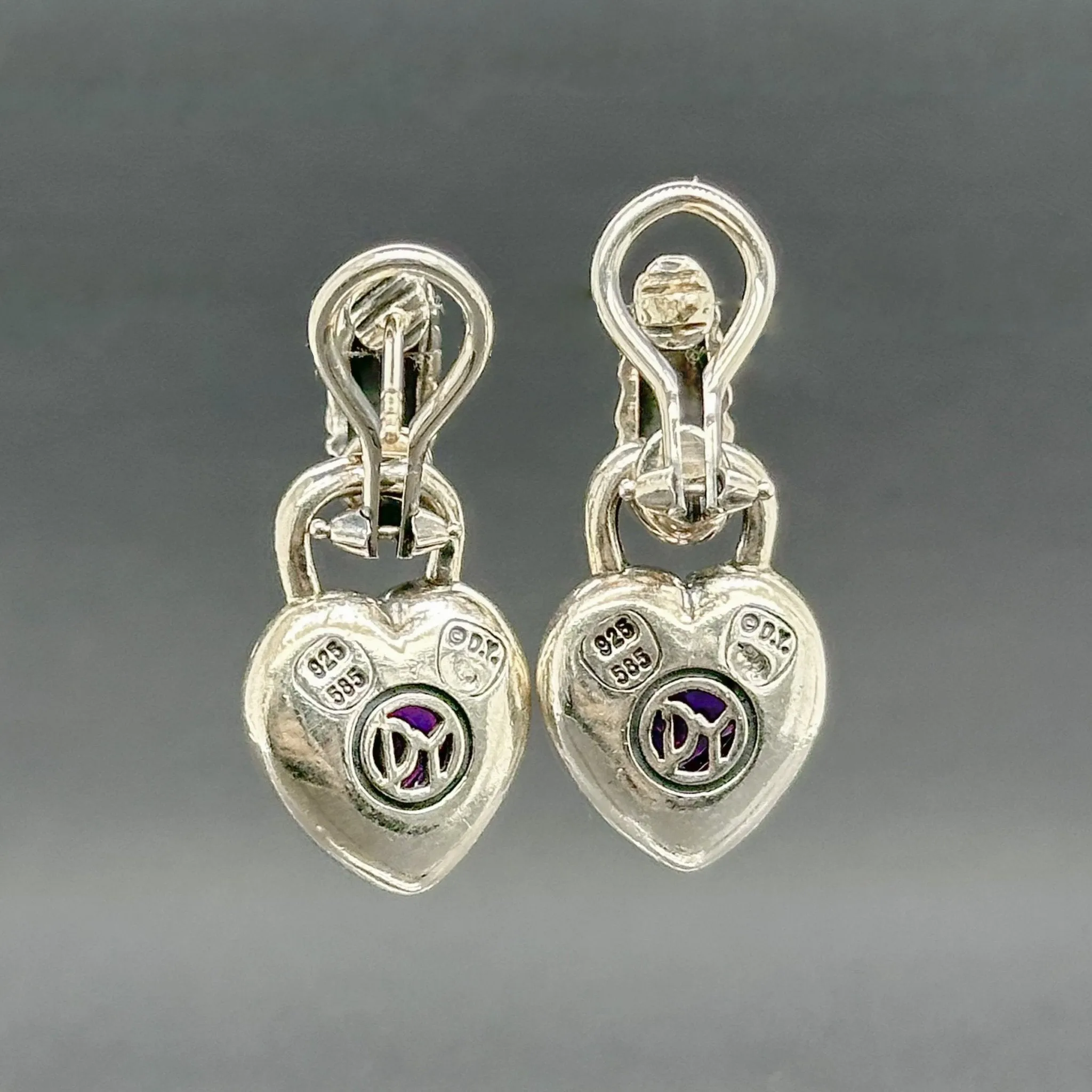 Estate David Yurman SS 14 Amethyst Heart Drop Earrings