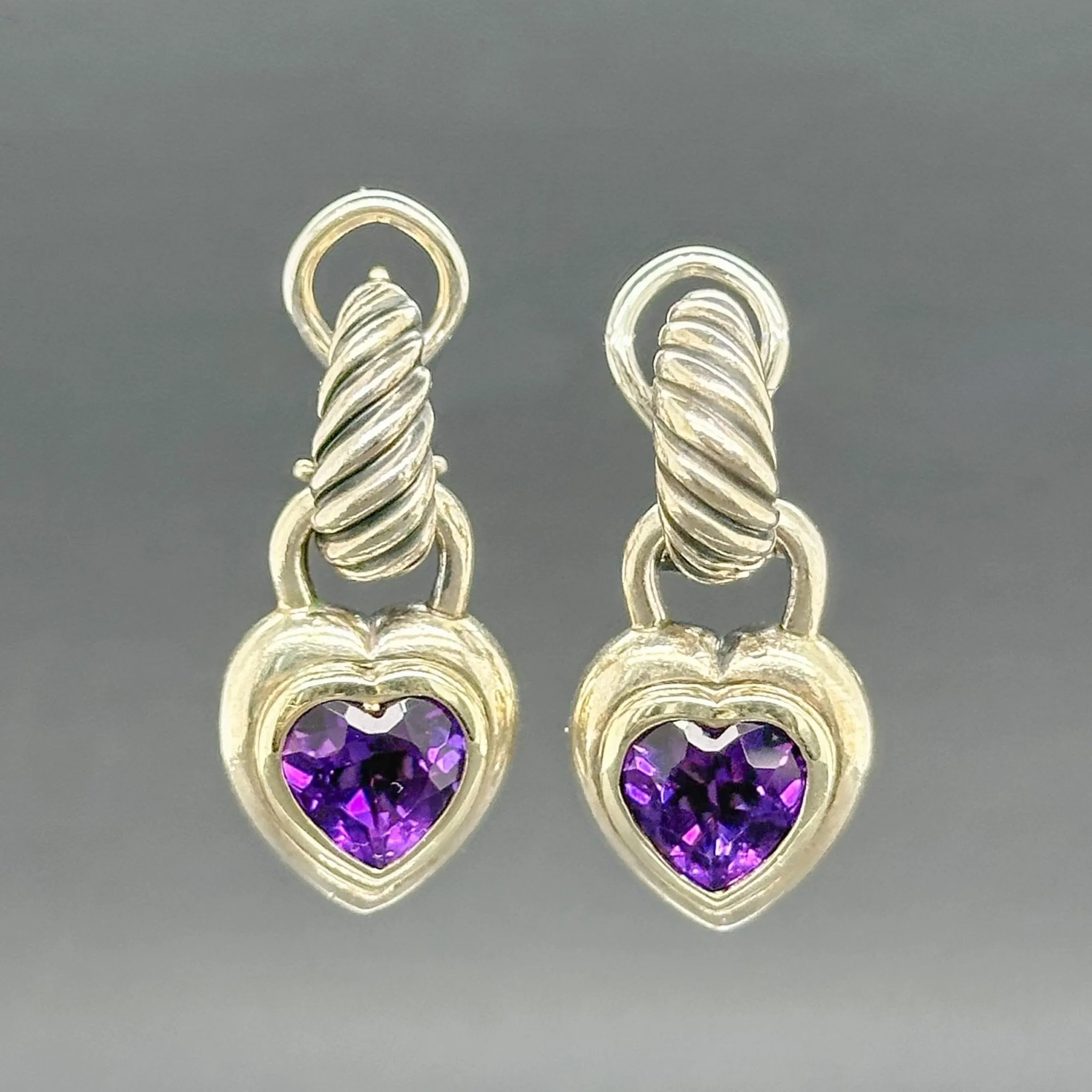 Estate David Yurman SS 14 Amethyst Heart Drop Earrings