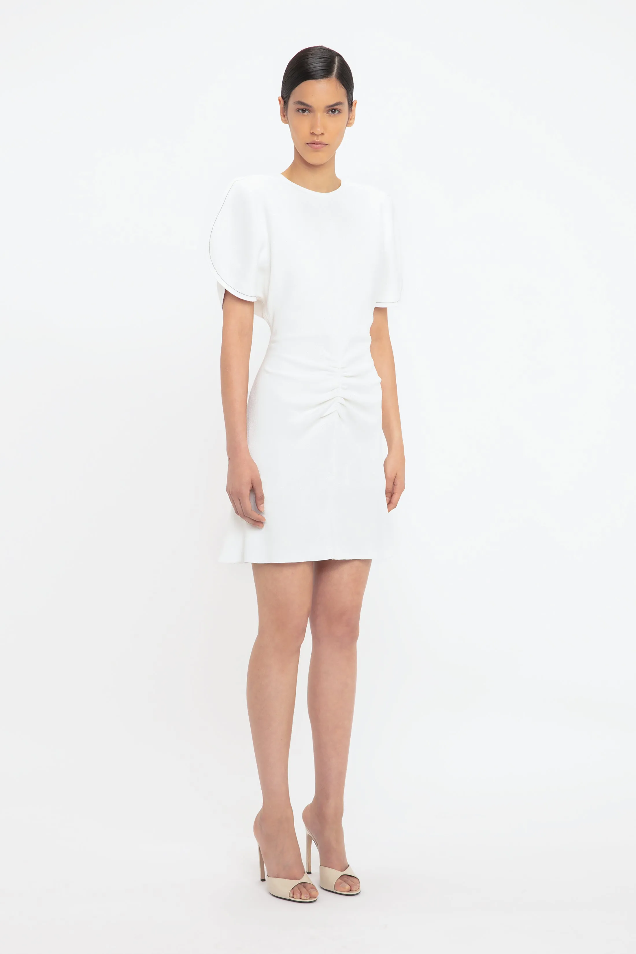 Exclusive Gathered Waist Mini Dress In Ivory