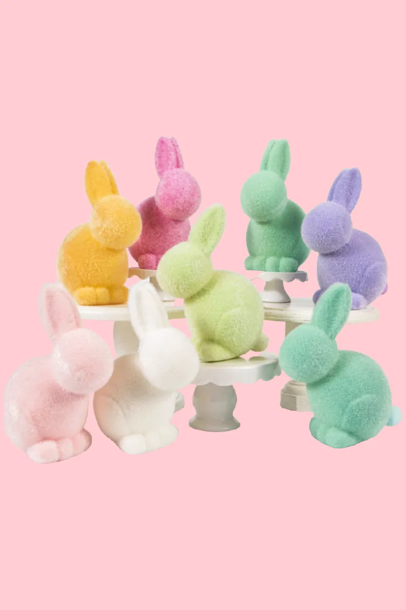 Flocked Pastel Seated Bunny with  Pom Pom Tail