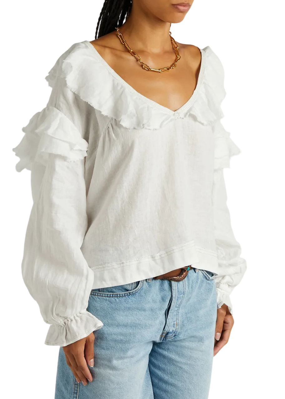 Free People White Ruffle Linen Top UK XS