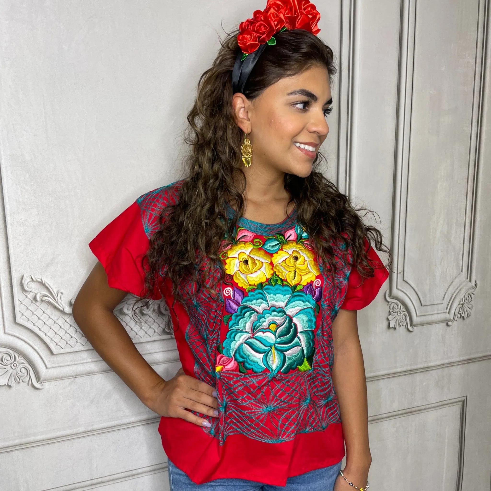 Frida Kahlo Huipil Blouse Stretch Flower