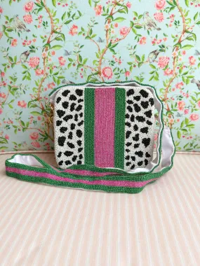 Glamfox - Green Pink Stripe Animal Print Beaded Crossbody