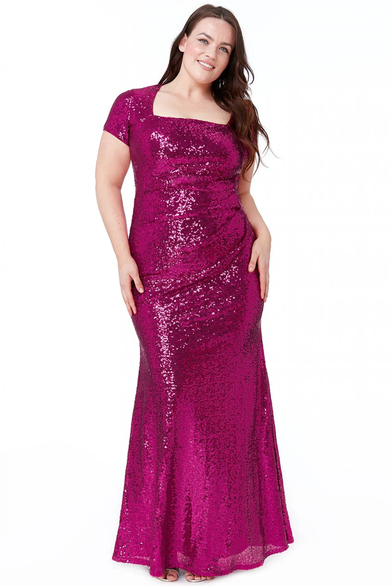 Goddiva Plus Size Sequin Portrait Neckline Maxi Dress