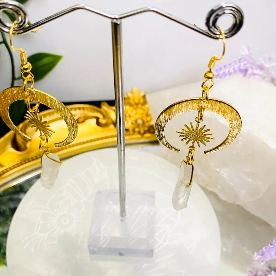 Gold Dipped Rising Sun Moon Earrings