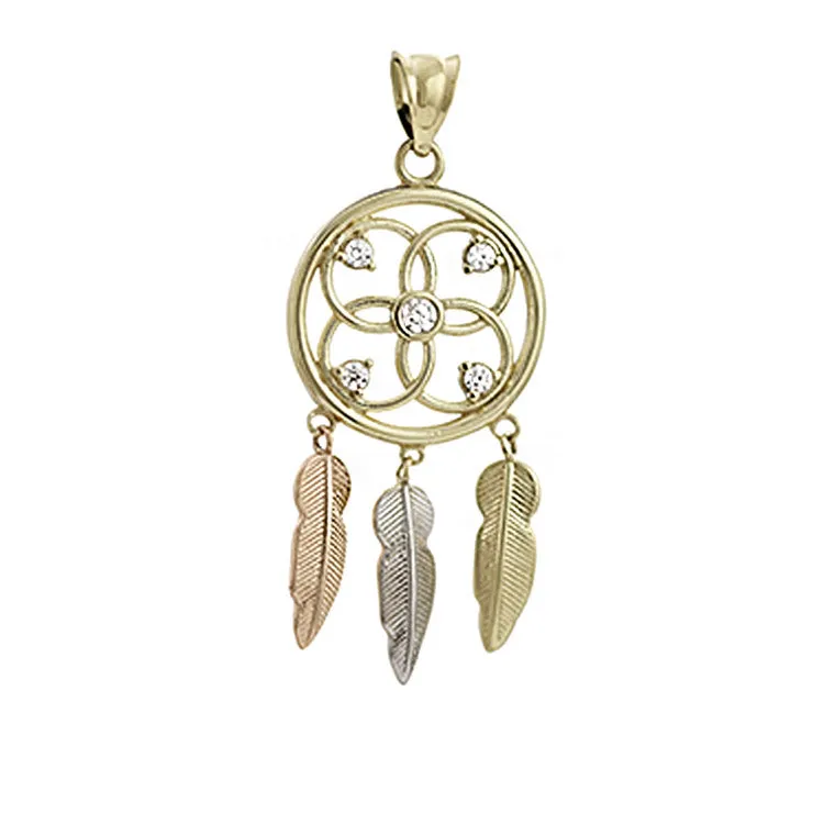 Gold Dreamcatcher Necklace, 9ct Gold Yellow, Red & White Gold Feathers