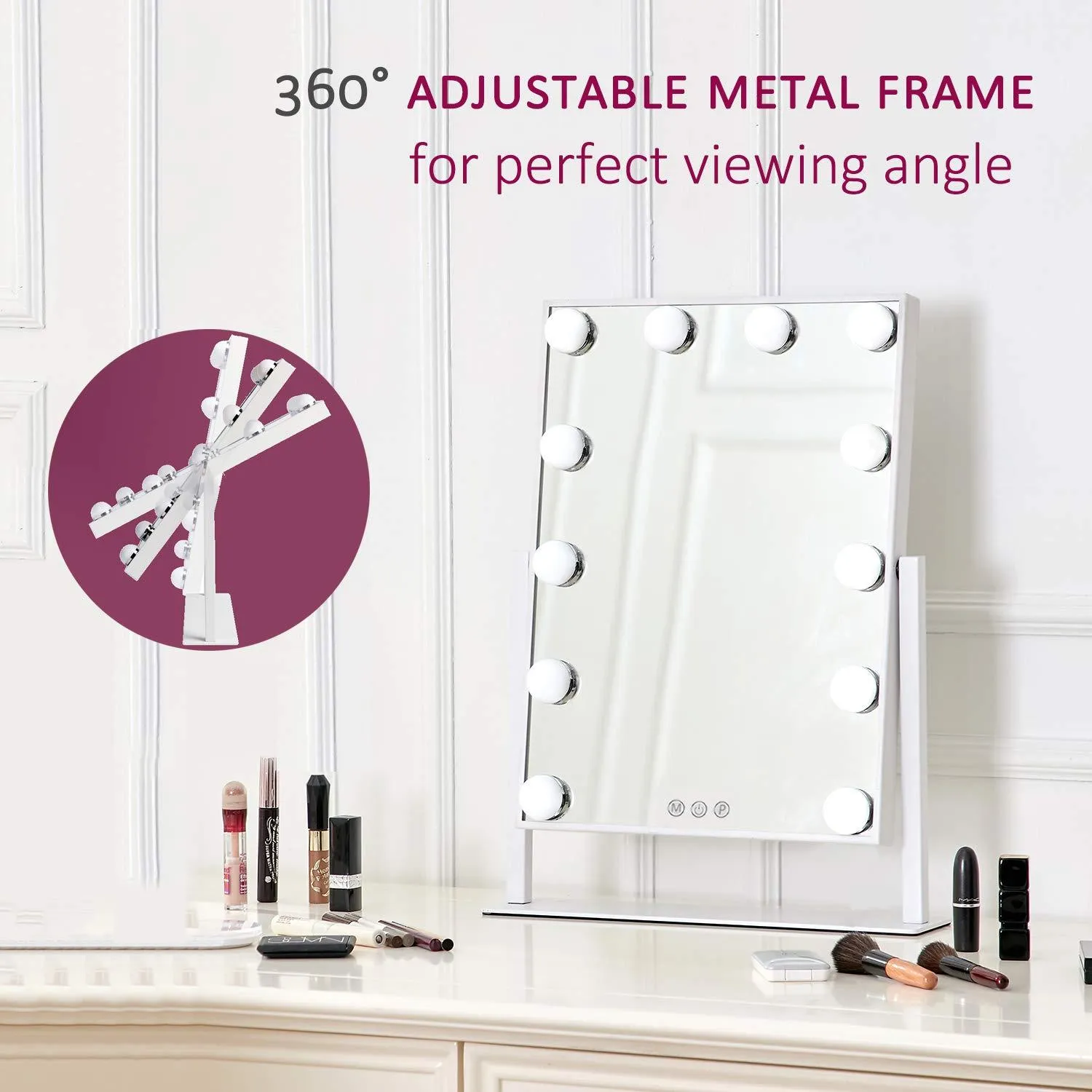 HOLLYWOOD MIRROR Y5003001-3040 Lighted Vanity, Three-Tone Dimmer Makeup Mirror, 12" W x 16" H, White